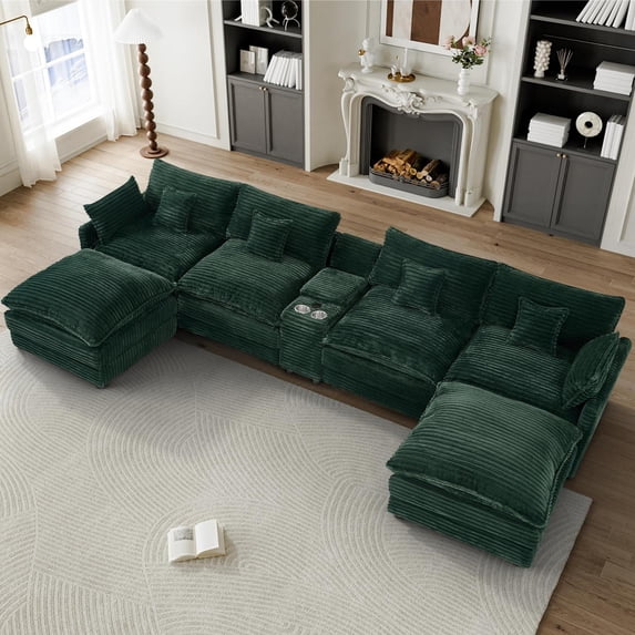 Aukfa 141" U Shaped Cloud Couch Oversized 6 Seat Sectional Sofa with USB&Cupholdes Storage Console for Living Room, Corduroy, Green