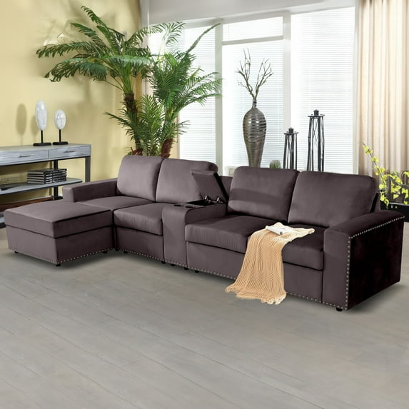 Aukfa 130" Oversized Sectional Sofa w/ Cupholder & Console 4 Seat Couch with Ottoman for Living Room, Brown