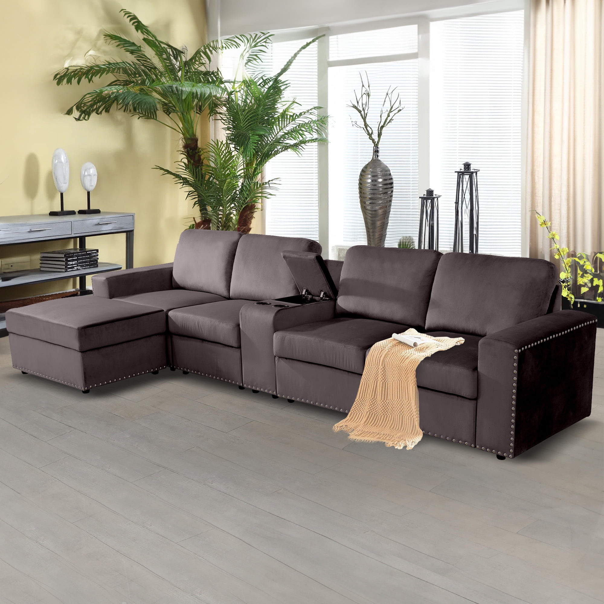 Aukfa 130" Oversized Sectional Sofa w/ Cupholder & Console 4 Seat Couch with Ottoman for Living Room, Brown