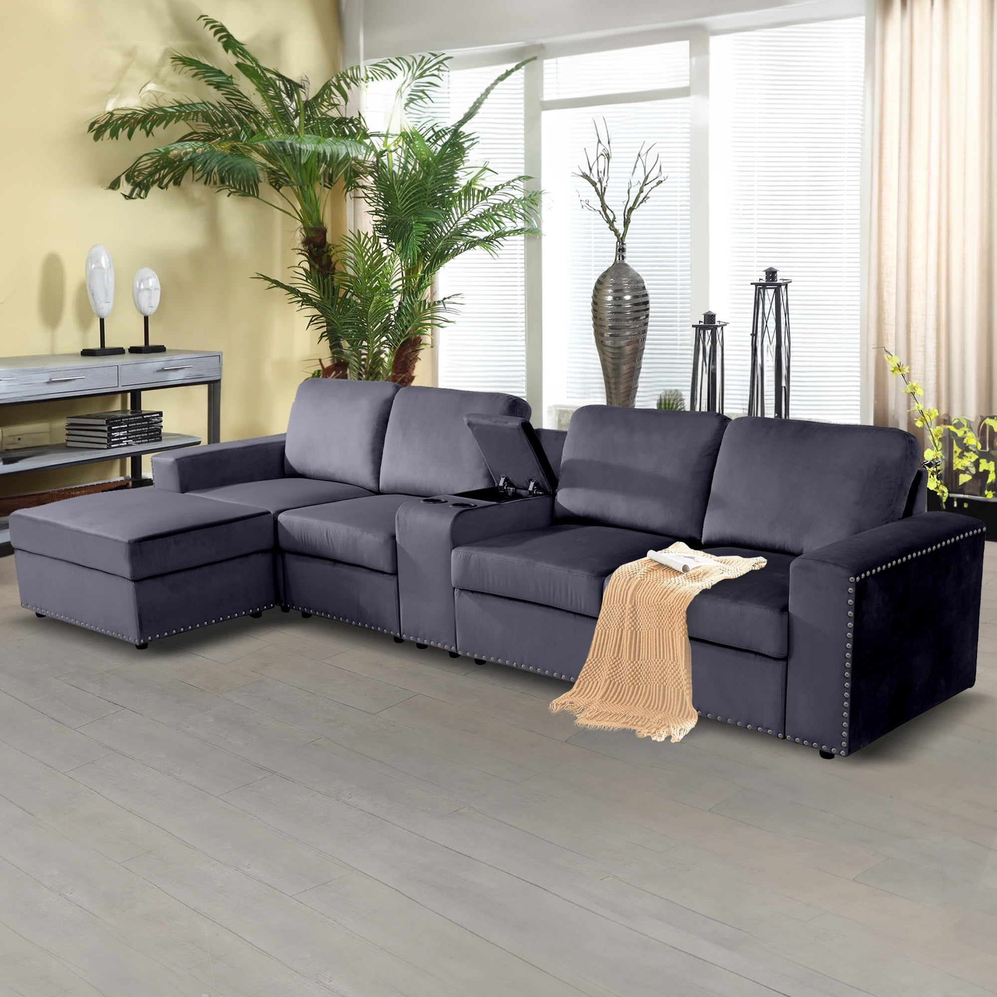 Aukfa 130" Oversized Sectional Sofa w/ Cupholder & Console 4 Seat Couch with Ottoman for Living Room, Gray