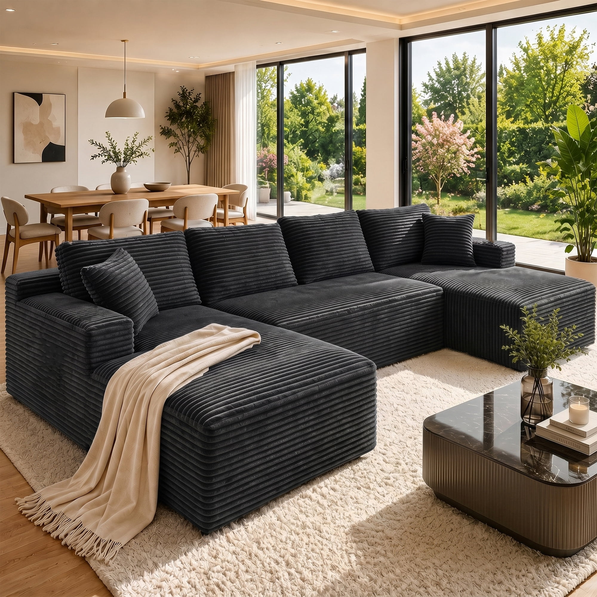 Aukfa 132" U Shape Cloud Sectional Sofa Oversized Modular Boneless Couch, Double Chaise Corduroy Sofa for Living Room, Dark Gray