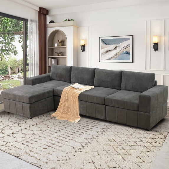 Aukfa 132" Oversized Sectional Sofa, 4 Seater Couch with Ottoman for Living Room, Microfiber, Gray