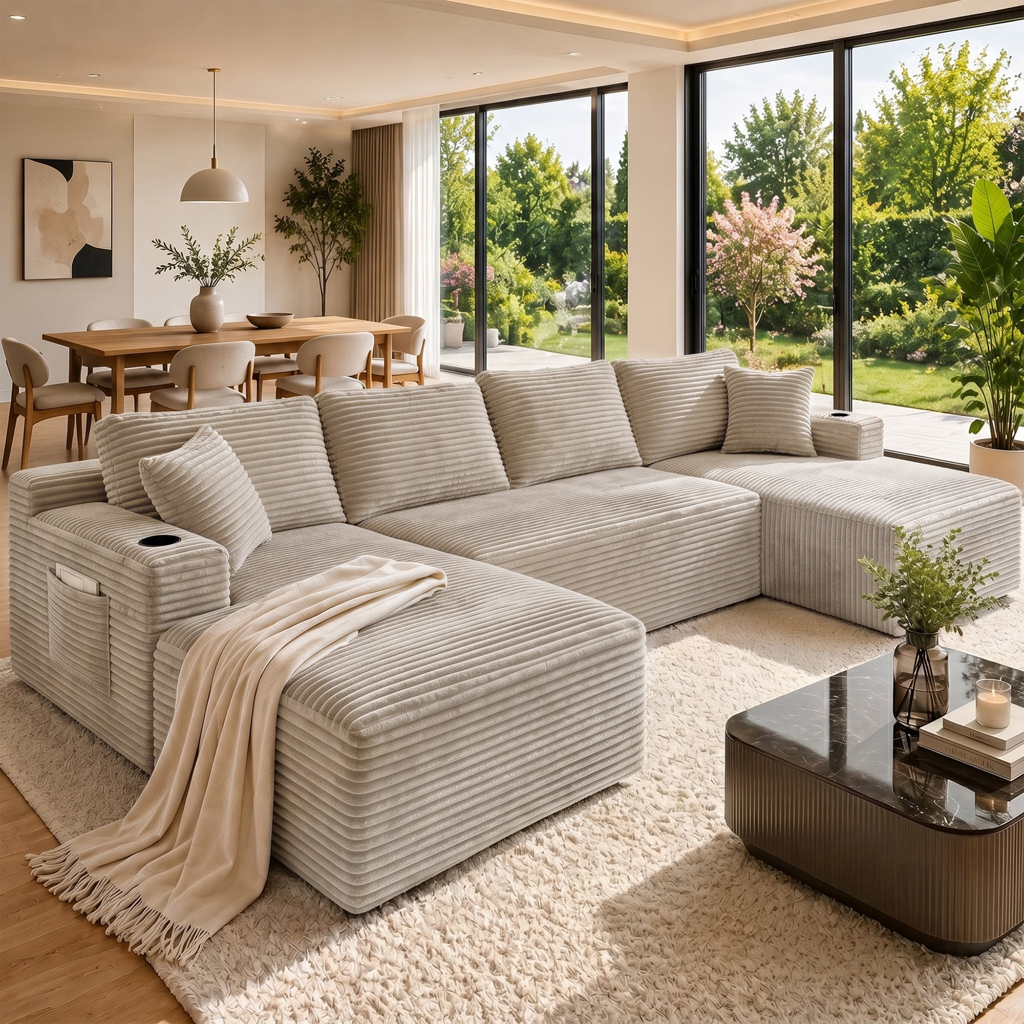 Aukfa 133" Cloud Sectional Sofa Oversized Boneless Couch Modular U-Shaped Couch, Double Chaise Corduroy Sofa for Living Room, Camel