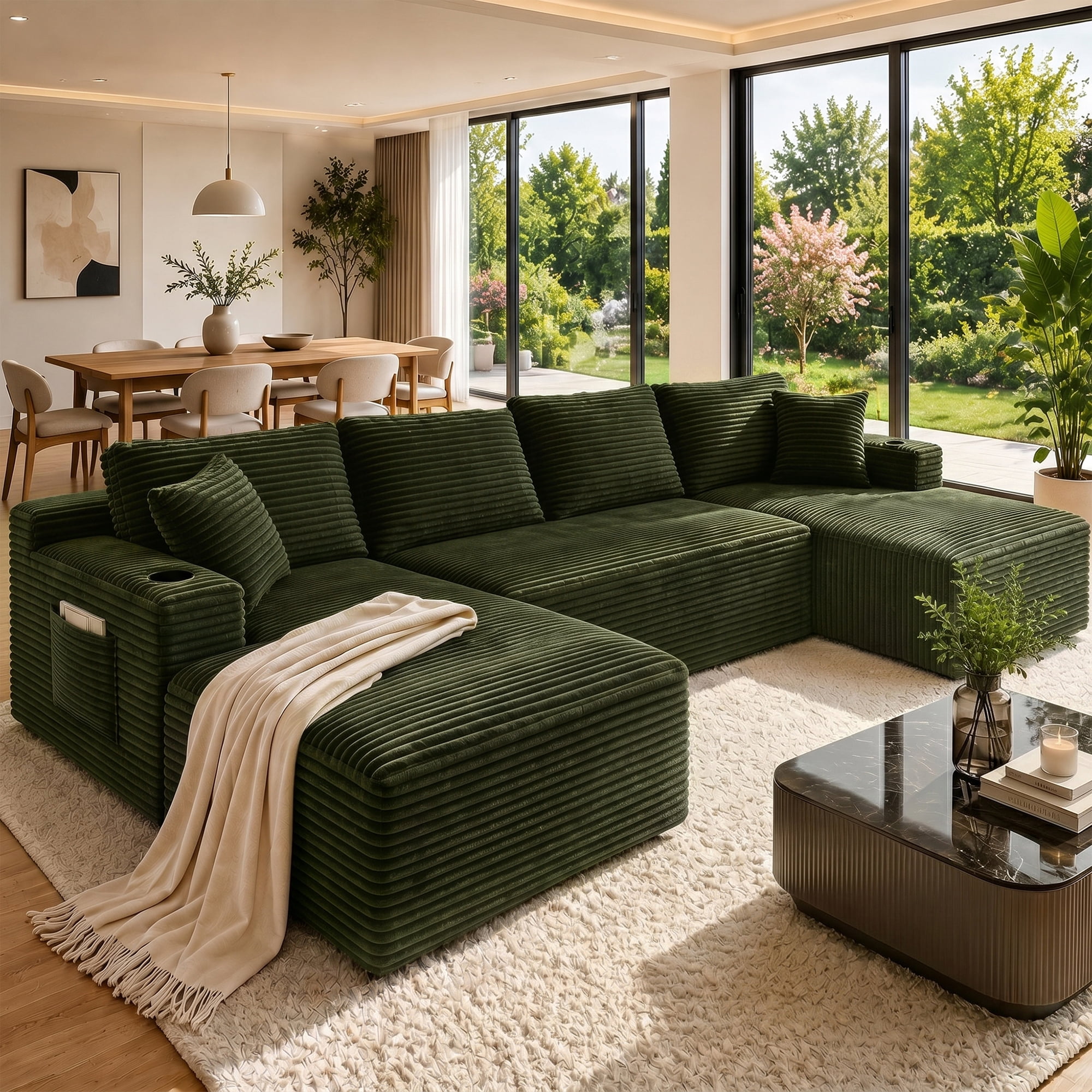 Aukfa 133" Cloud Sectional Sofa Oversized Boneless Couch Modular U-Shaped Couch, Double Chaise Corduroy Sofa for Living Room, Dark Green