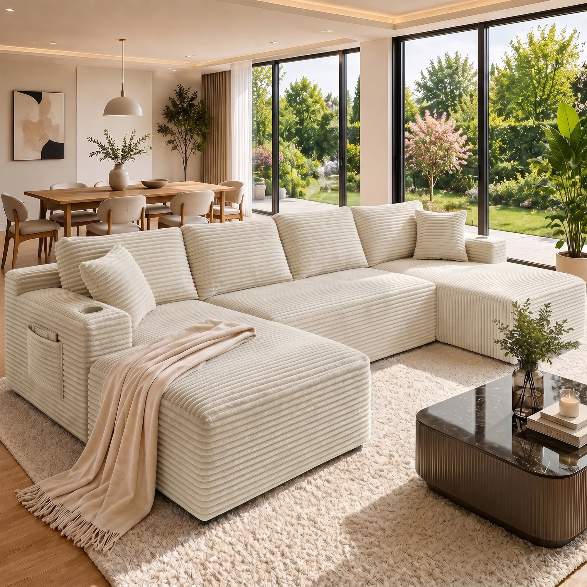 Aukfa 133" Cloud Sectional Sofa Oversized Boneless Couch Modular U-Shaped Couch, Double Chaise Corduroy Sofa for Living Room, White
