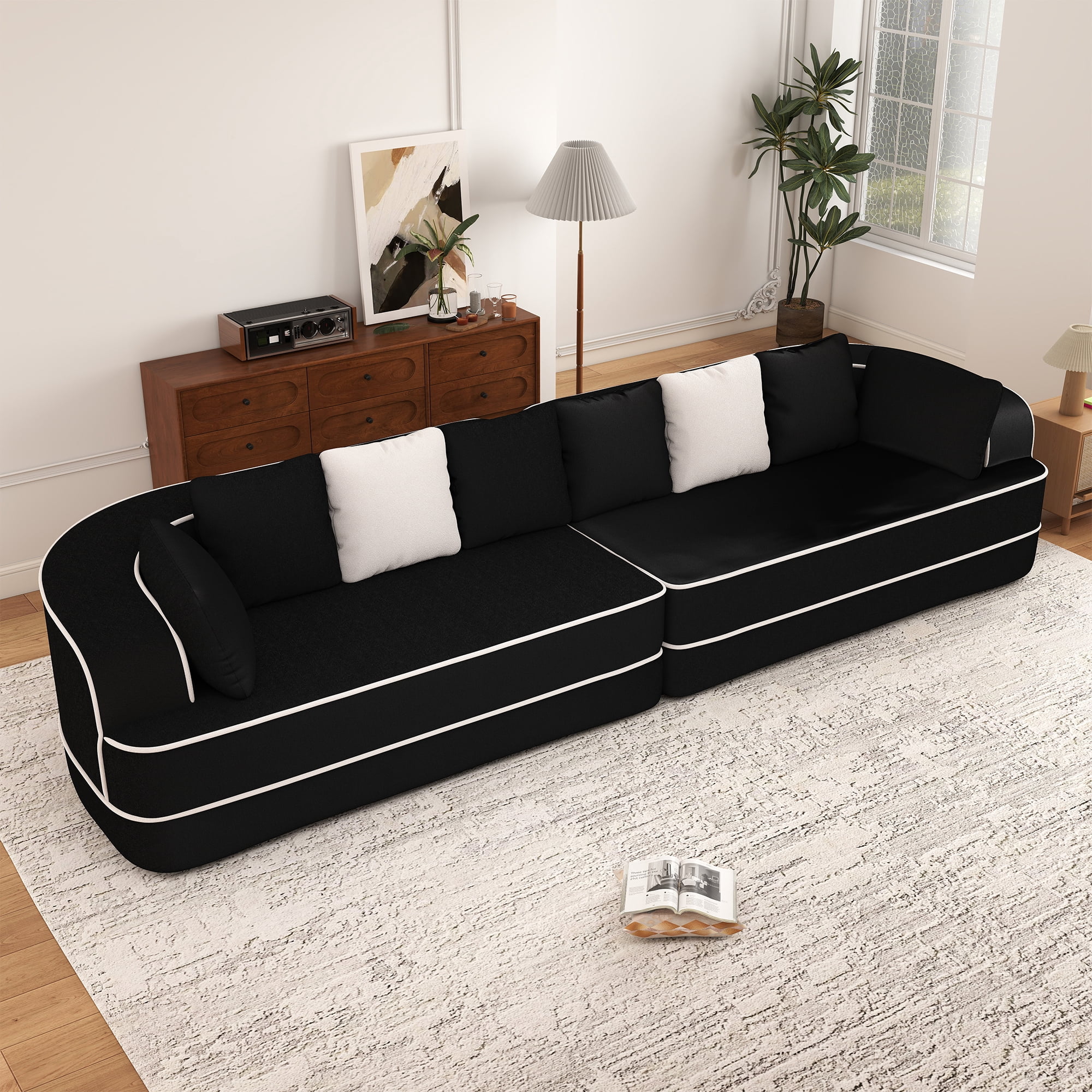 Aukfa 135" 4-Seater Modular Sofa for Living Room, 29" Deep Seat, Plush Teddy Velvet, Black