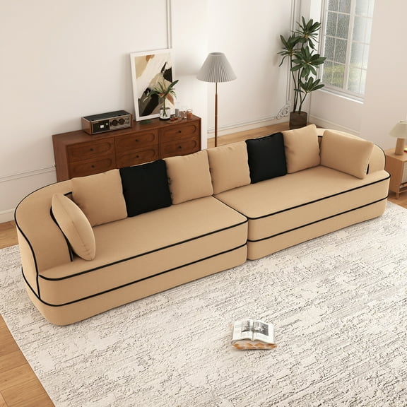 Aukfa 135" 4-Seater Modular Sofa for Living Room, 29" Deep Seat, Plush Teddy Velvet, Camel