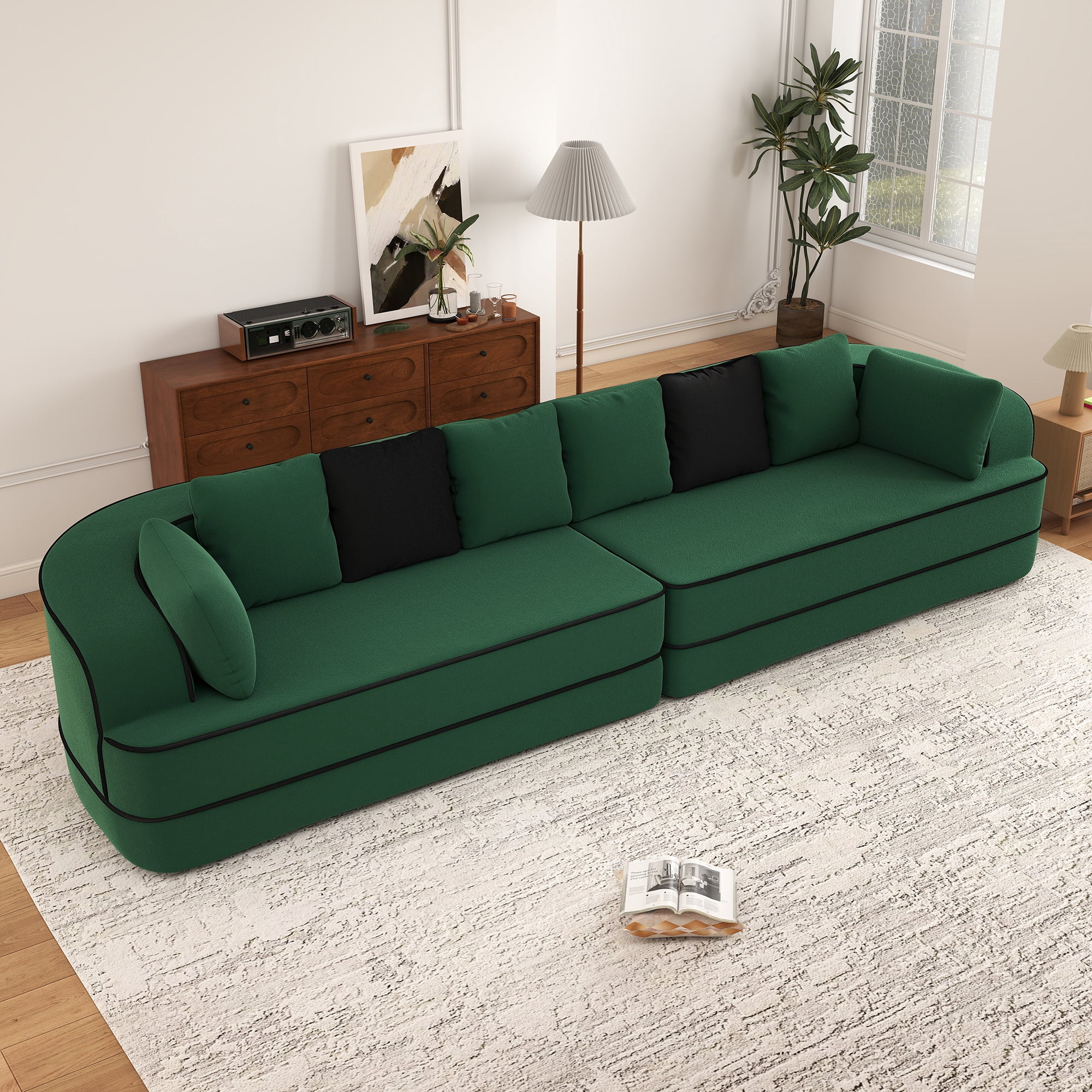 Aukfa 135" 4-Seater Modular Sofa for Living Room, 29" Deep Seat, Plush Teddy Velvet, Green