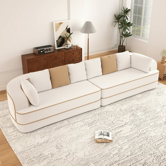 Aukfa 135" 4-Seater Modular Sofa for Living Room, 29" Deep Seat, Plush Teddy Velvet, White