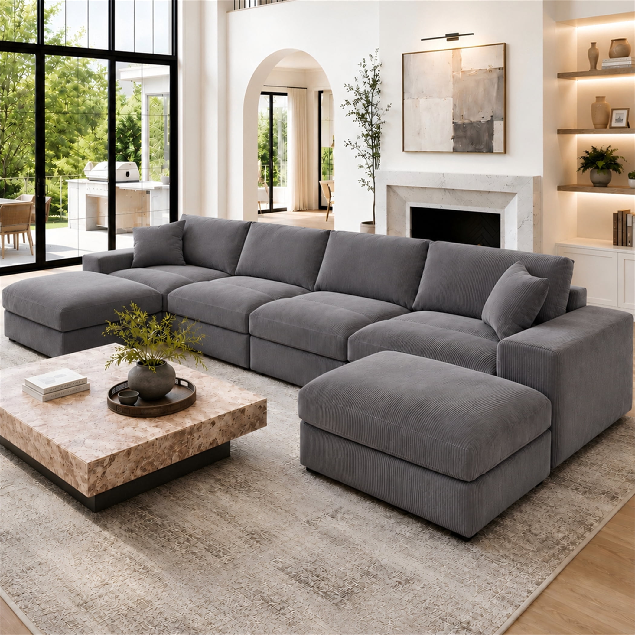 Aukfa 135" Oversized U shape Sectional Couch Modular Sofa for Living Room, 2 Ottoman&Pillows, 25" Deep Seat, Corduroy, Dark Gray