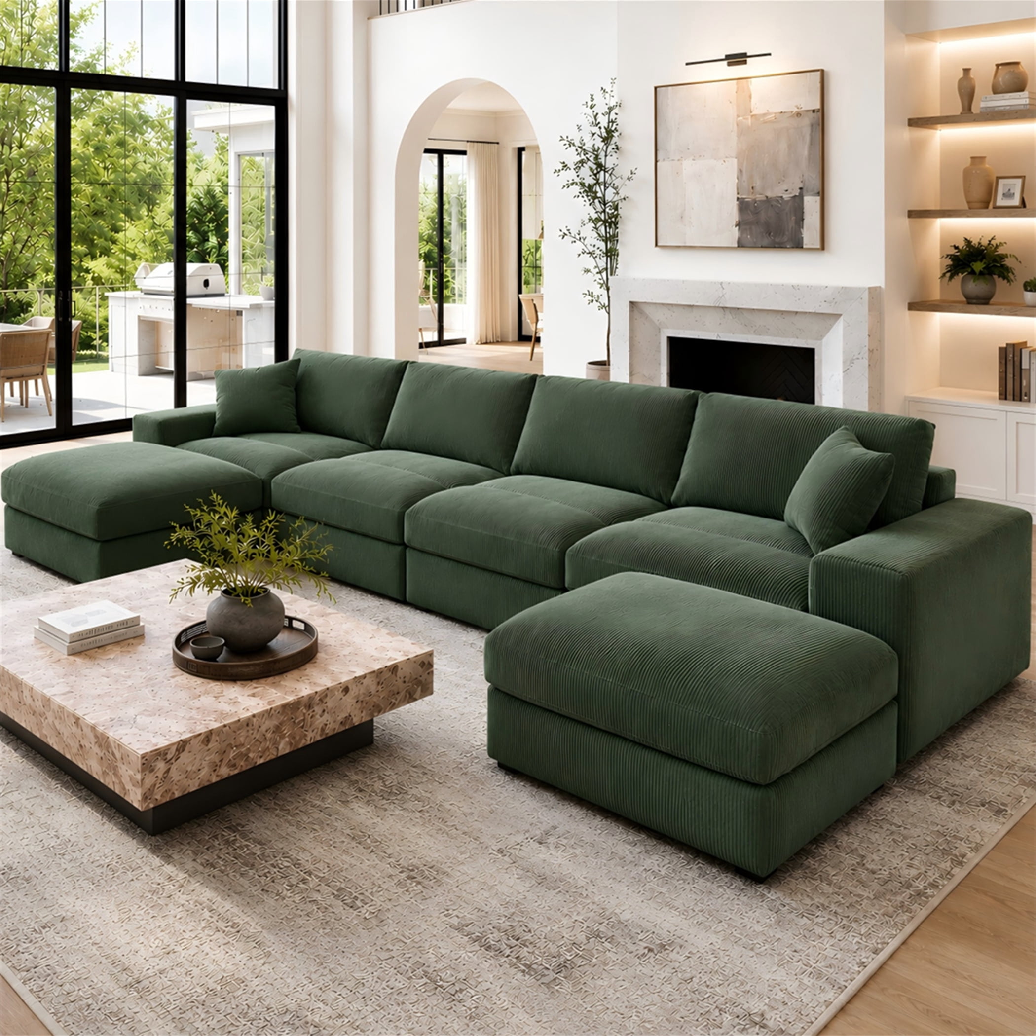 Aukfa 135" Oversized U shape Sectional Couch Modular Sofa for Living Room, 2 Ottoman&Pillows, 25" Deep Seat, Corduroy, Dark Green