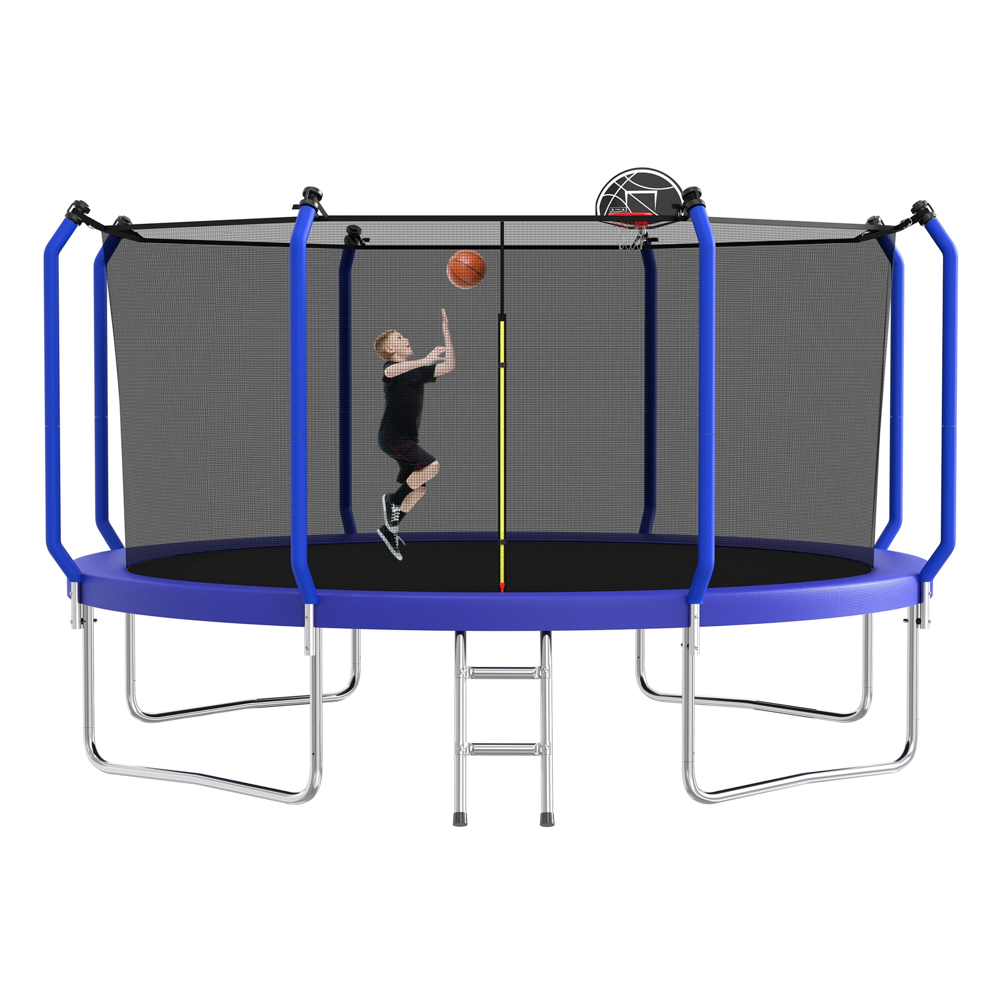 Aukfa 14 FT Trampoline with Safety Enclosure, Basketball Hoop & Ladder, Heavy-Duty Outdoor Jumper for Kids & Adults, Blue