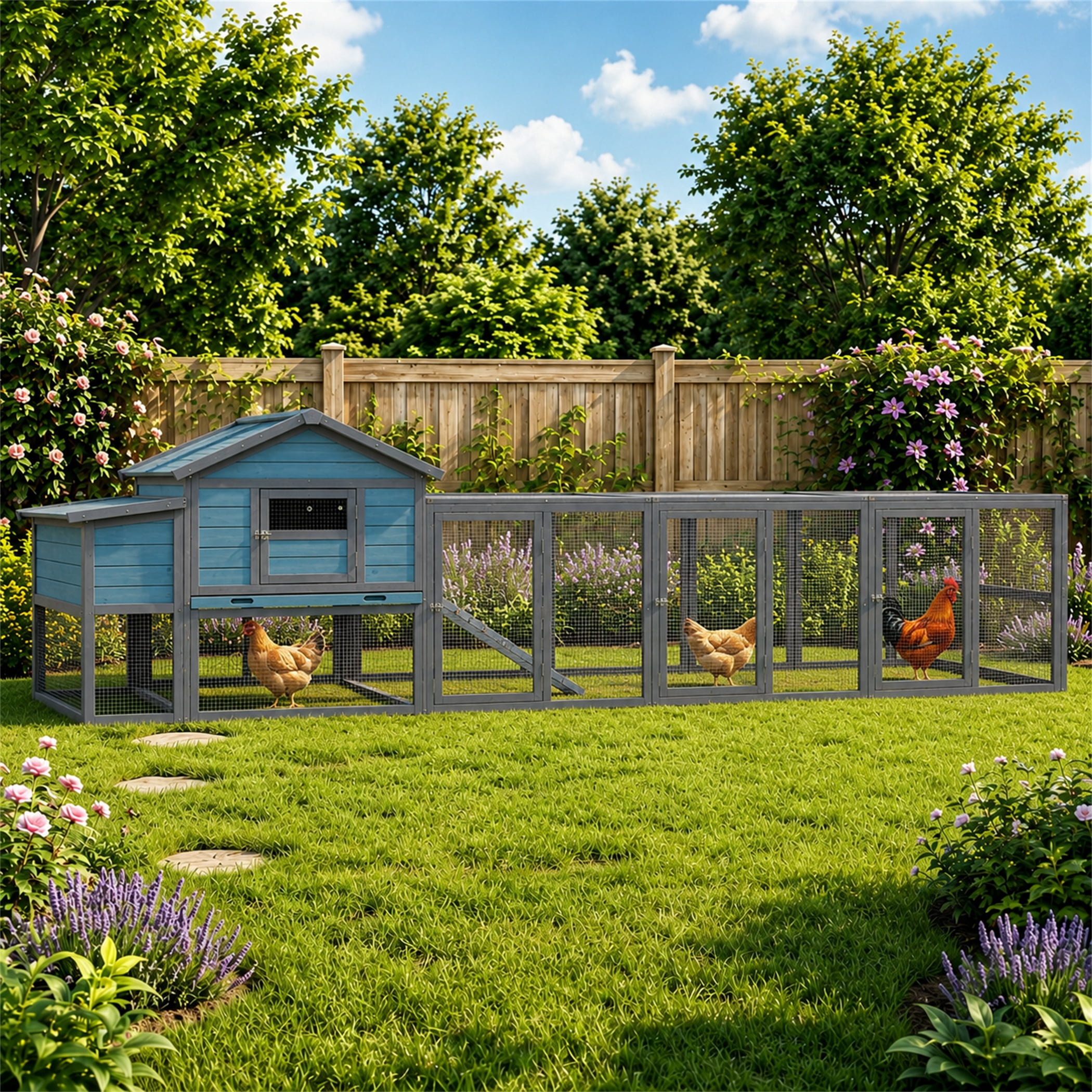 Aukfa 141" Extra Long Chicken Coop Wooden 2 Tier Chicken Run Cage with Nesting Boxes, UV Panel, Free-range Door for Outdoor, Backyard, Blue Gray