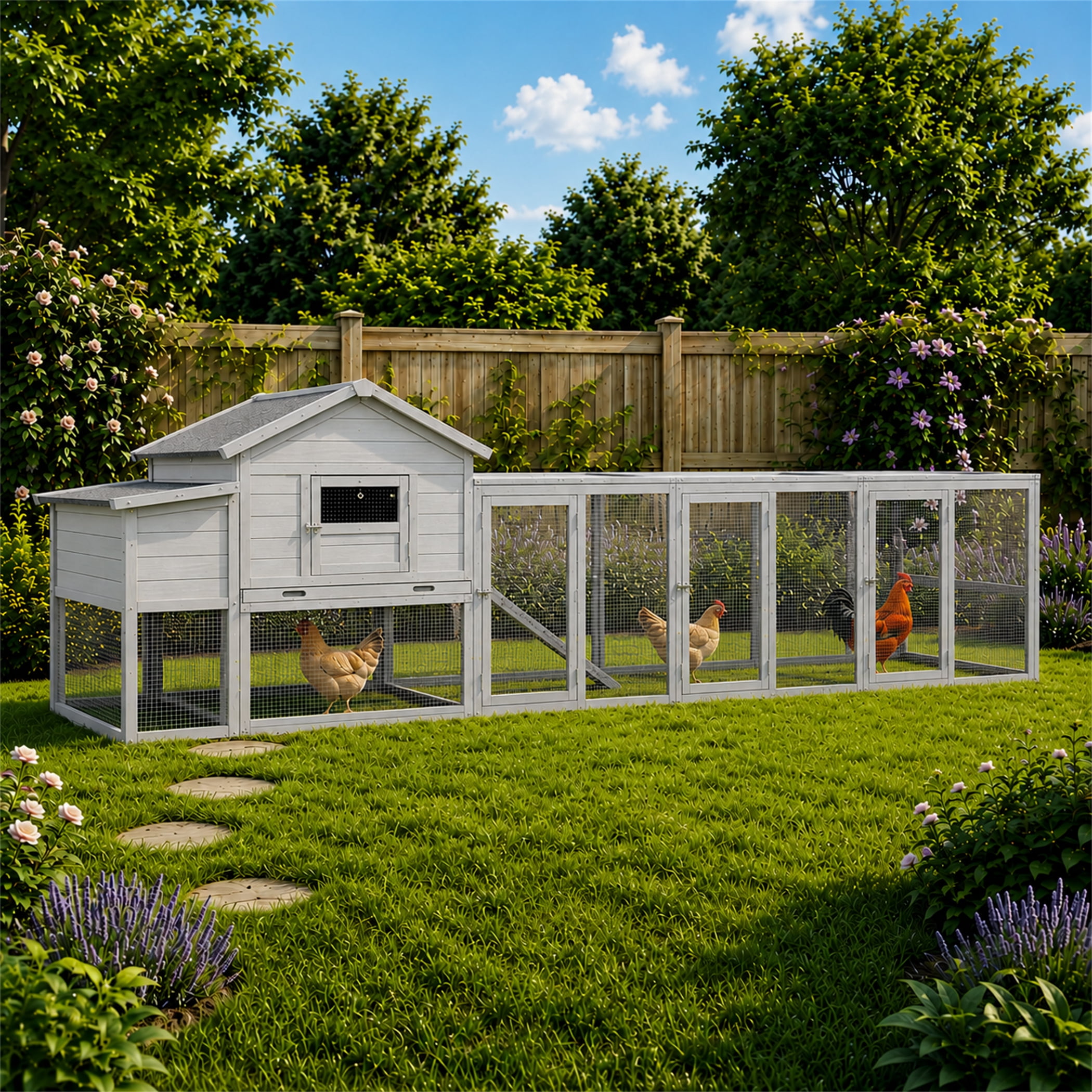 Aukfa 141" Extra Long Chicken Coop Wooden 2 Tier Chicken Run Cage with Nesting Boxes, UV Panel, Free-range Door for Outdoor, Backyard, Gray