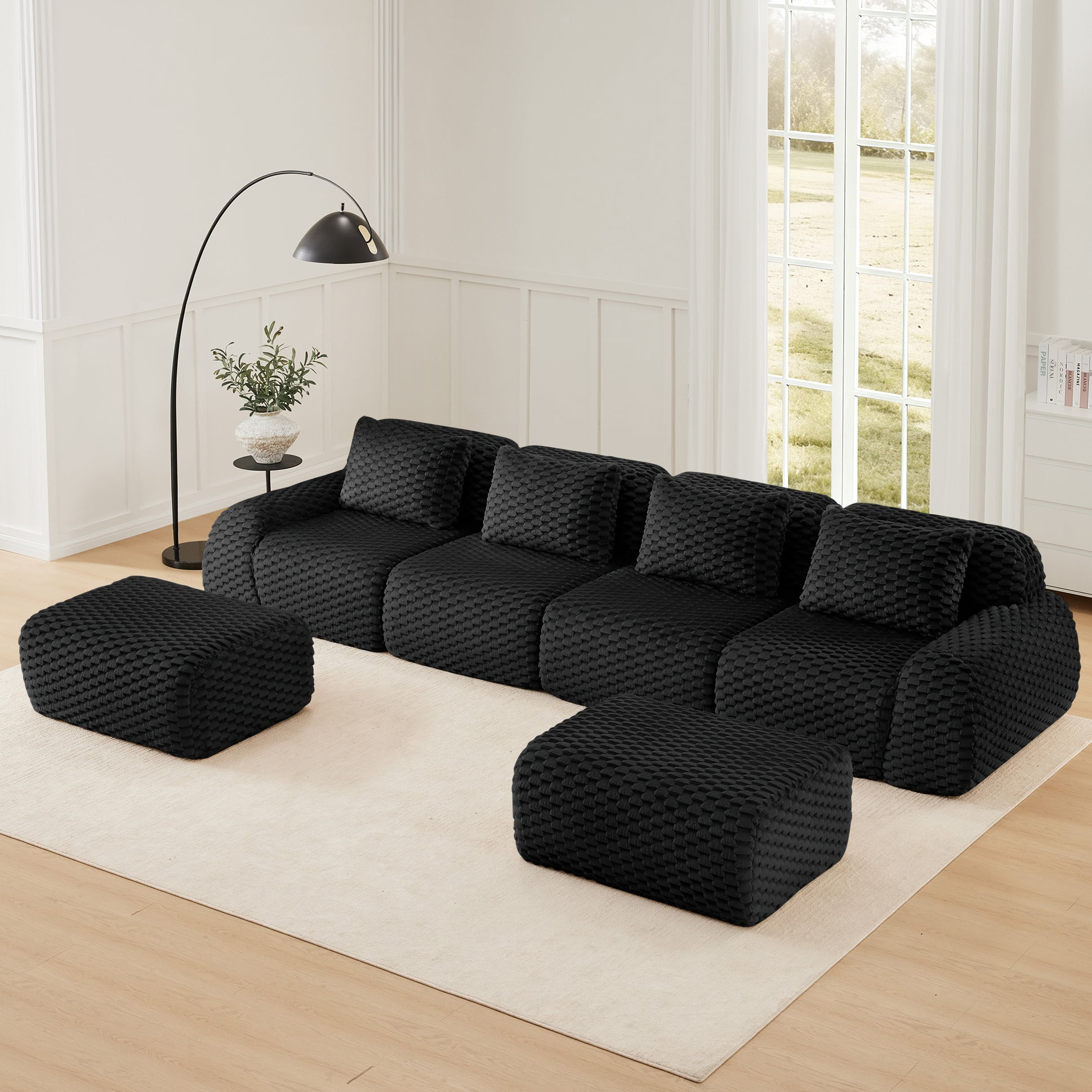 Aukfa 146" U-Shaped Modular Cloud Sectional Sofa, Oversized Deep-Seat 6-Seater Couch with 2 Ottomans, Flannelette Upholstered Boneless Sofa, Black