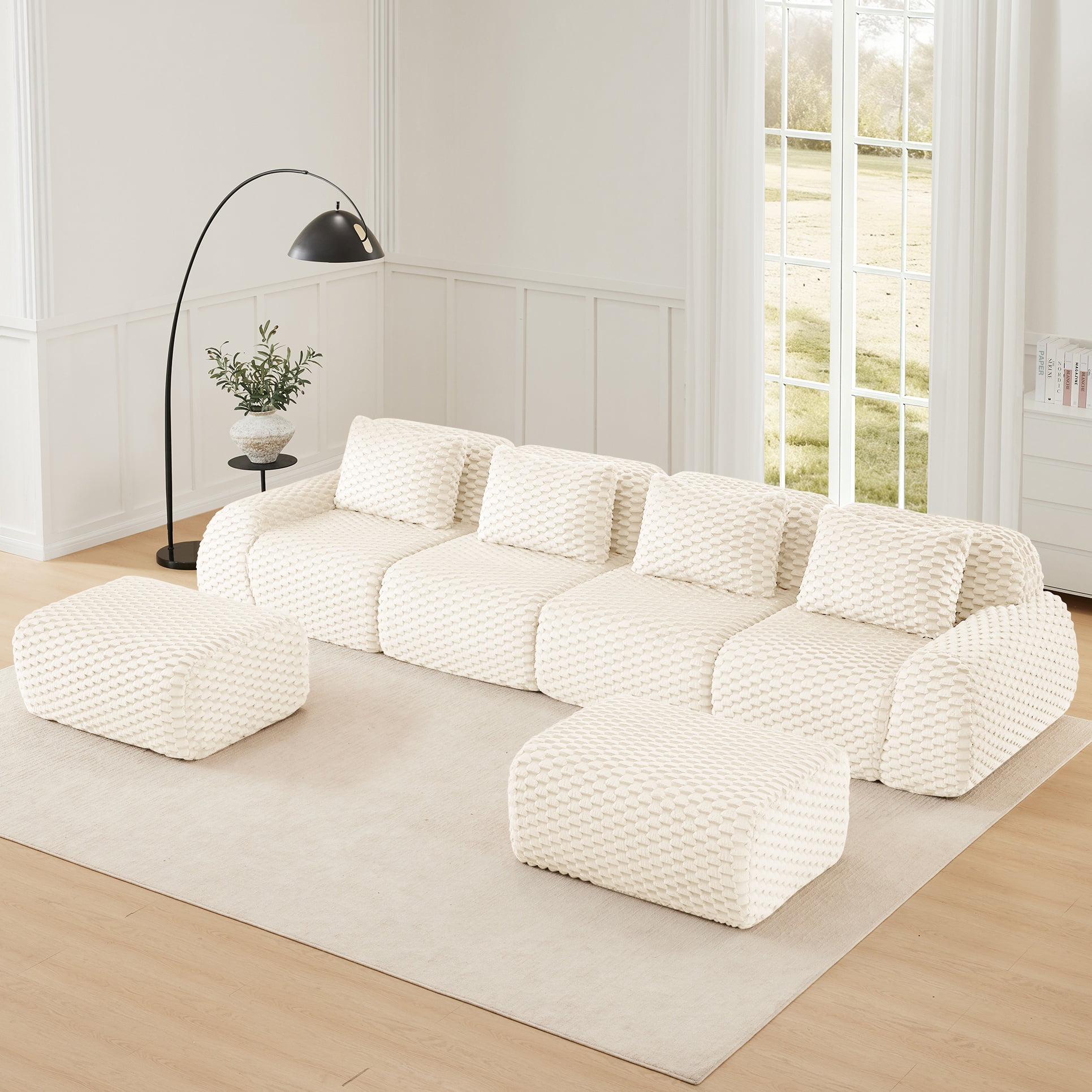 Aukfa 146" U-Shaped Modular Cloud Sectional Sofa, Oversized Deep-Seat 6-Seater Couch with 2 Ottomans, Flannelette Upholstered Boneless Sofa, White