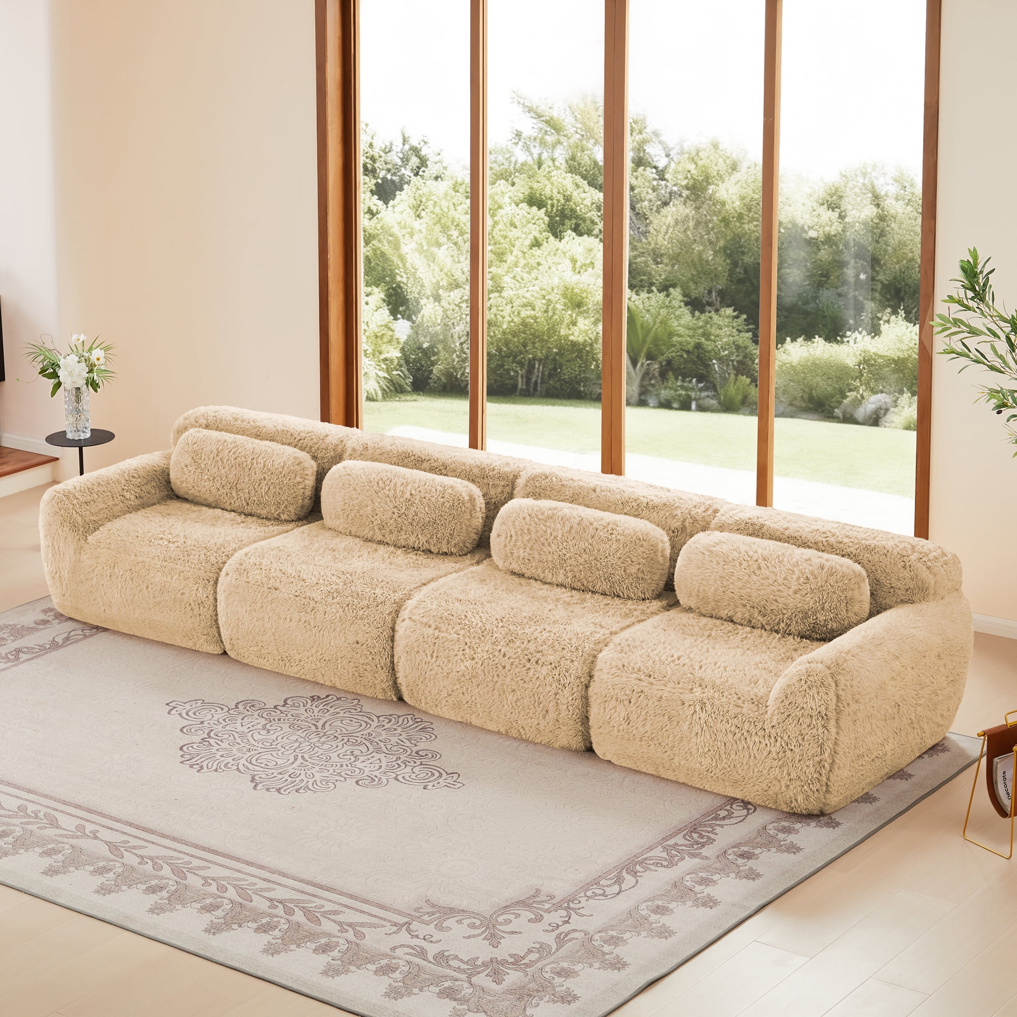 Aukfa 149" Faux Fur Modular Sectional Sofa, 4-Seater Deep Seat Boneless Couch for Living Room, Camel