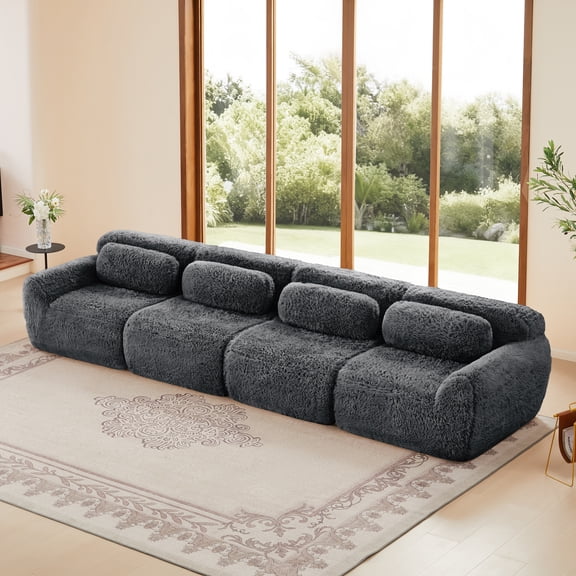 Aukfa 149" Faux Fur Modular Sectional Sofa, 4-Seater Deep Seat Boneless Couch for Living Room, Gray