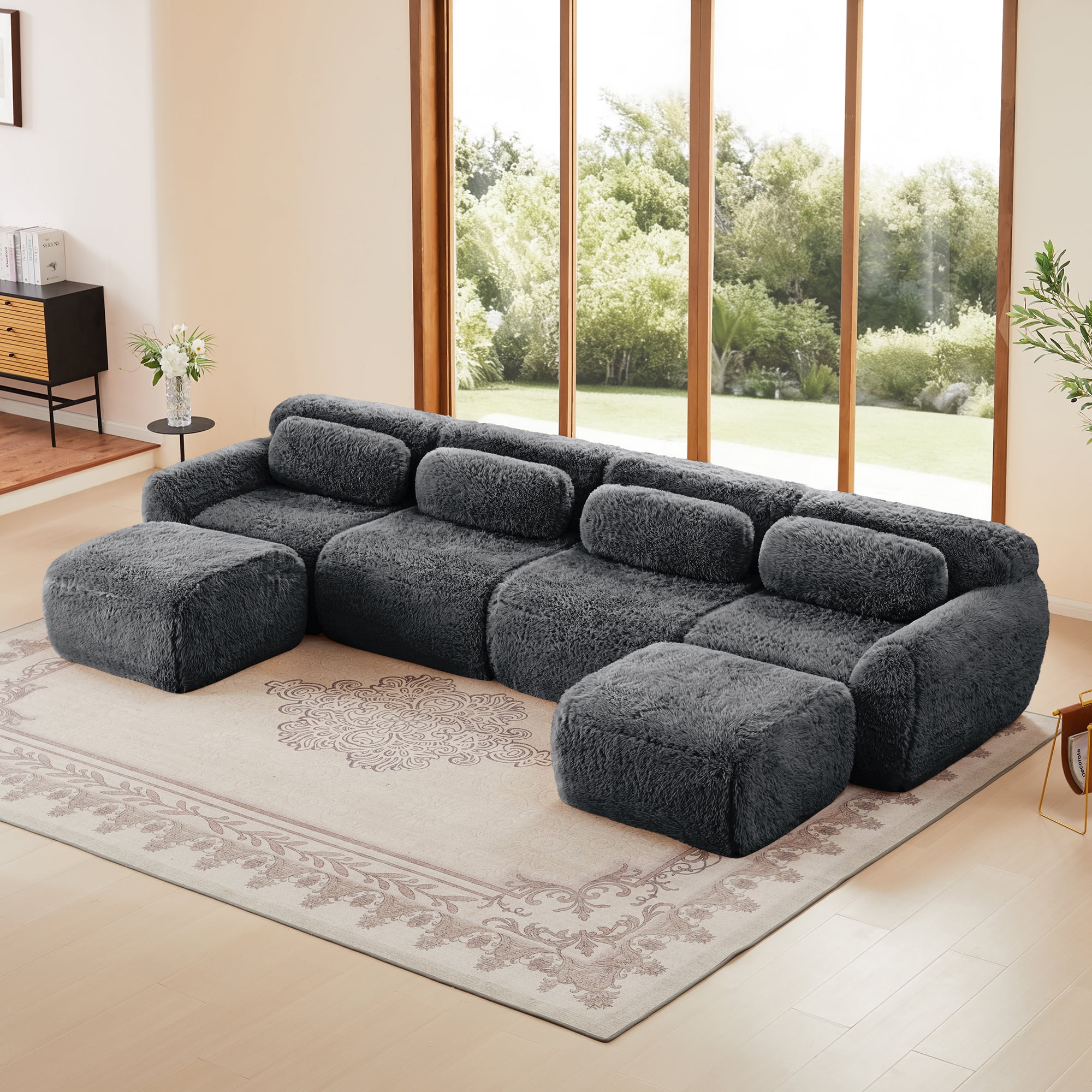 Aukfa 149" Faux Fur Modular Sectional Sofa, 6-Piece 4-Seater Deep Seat U-Shaped Couch with 2 Ottomans, Gray