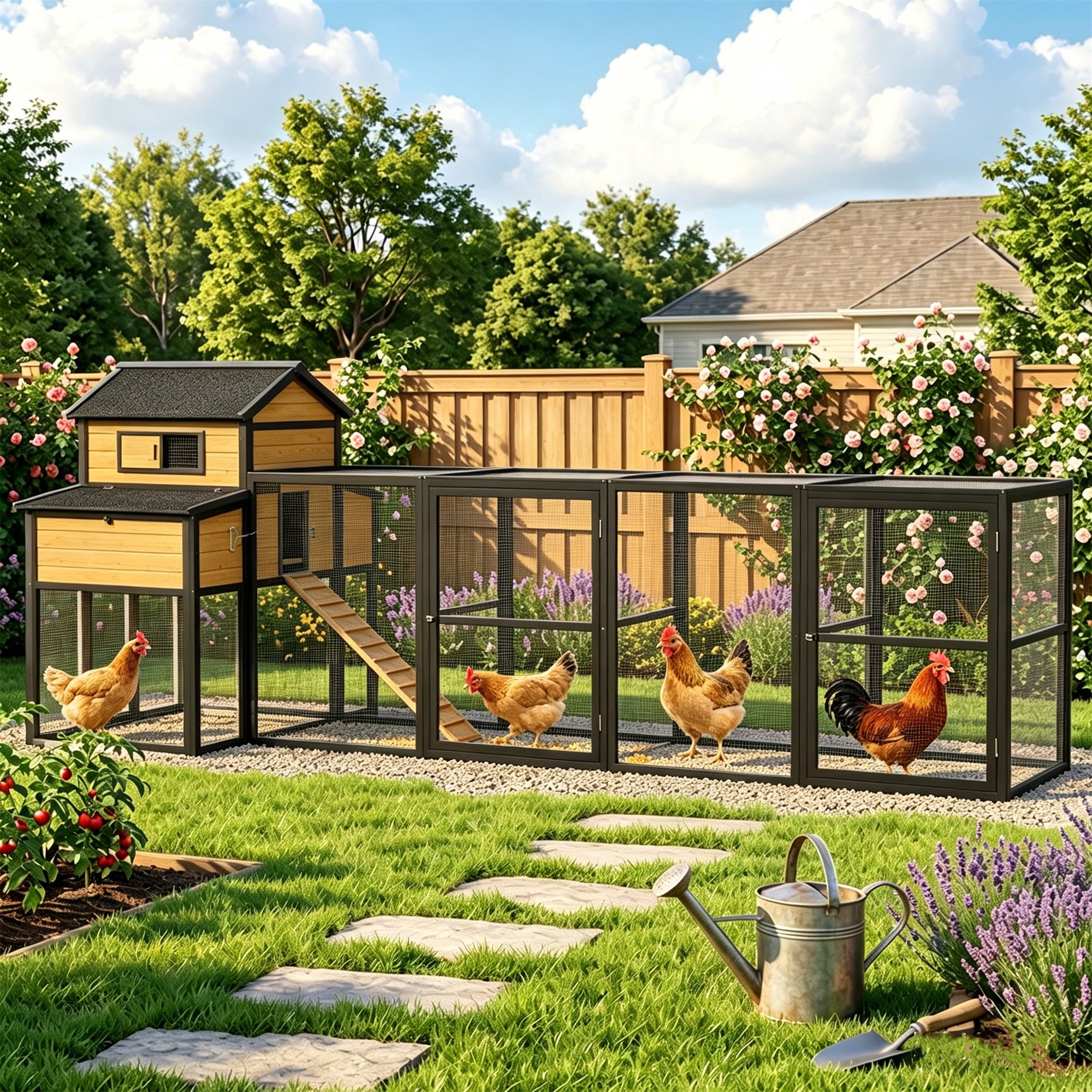Aukfa 150" Extra Large Chicken Coop Wooden 2 Tier Chicken Run Cage with 4 Nesting Boxes, Waterproof Roof for Outdoor, Backyard, Black