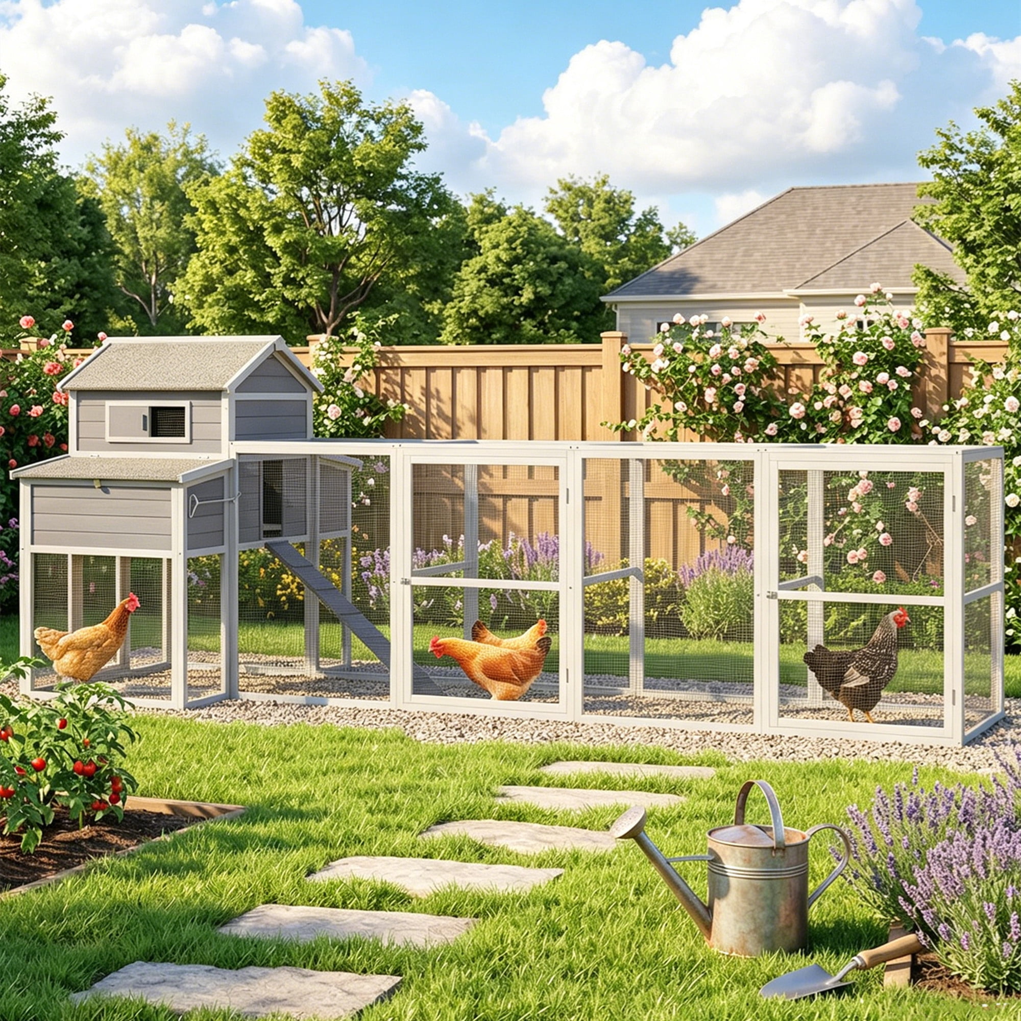 Aukfa 150" Extra Large Chicken Coop Wooden 2 Tier Chicken Run Cage with 4 Nesting Boxes, Waterproof Roof for Outdoor, Backyard, Gray