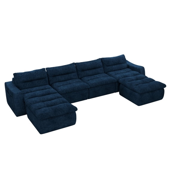 Aukfa 150" U-Shape Sectional Sofa with Ottoman, 6-Seater Chenille Modular Couch, Free Combination & Side Pockets, Blue