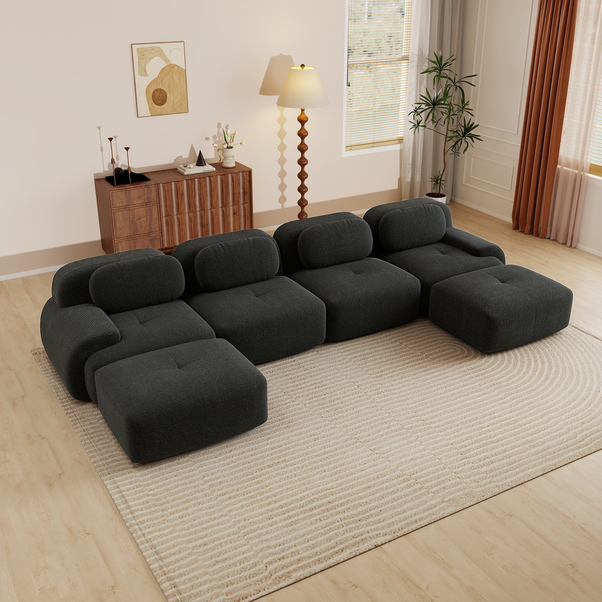 Aukfa 153" U-Shaped Modular Sectional Sofa, Deep Seat Living Room Couch, Corduroy, No Assembly, Black
