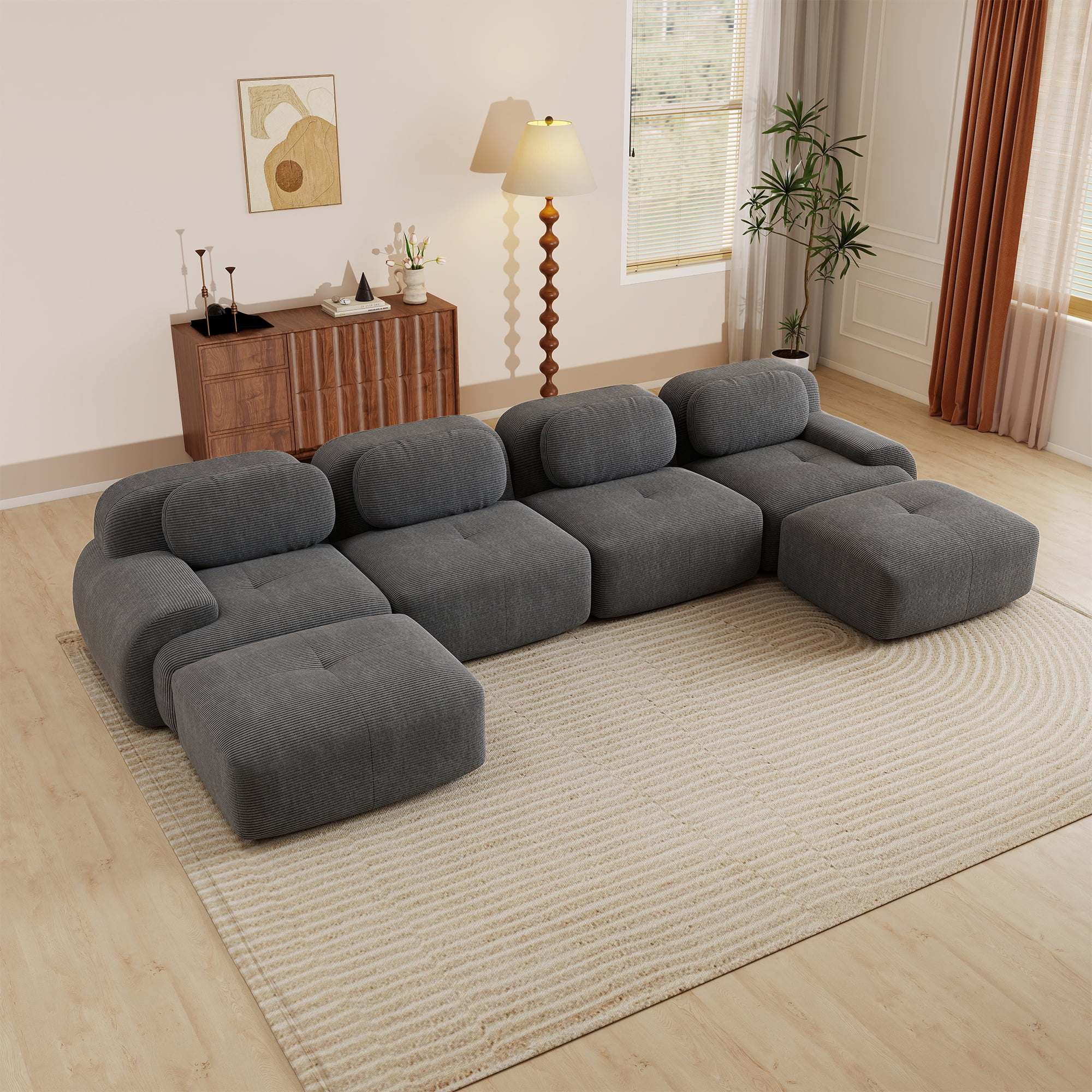 Aukfa 153" U-Shaped Modular Sectional Sofa, Deep Seat Living Room Couch, Corduroy, No Assembly, Gray