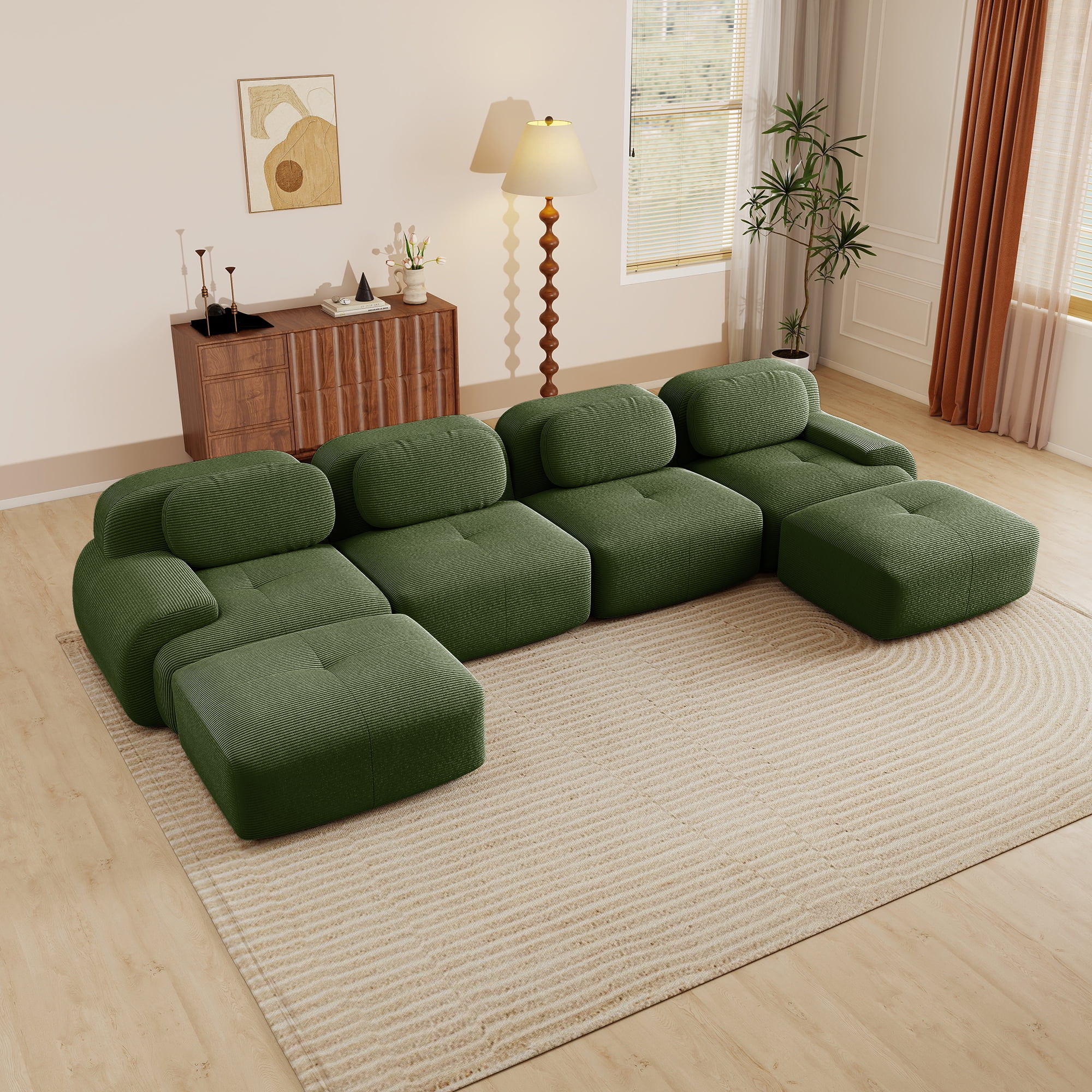 Aukfa 153" U-Shaped Modular Sectional Sofa, Deep Seat Living Room Couch, Corduroy, No Assembly, Green