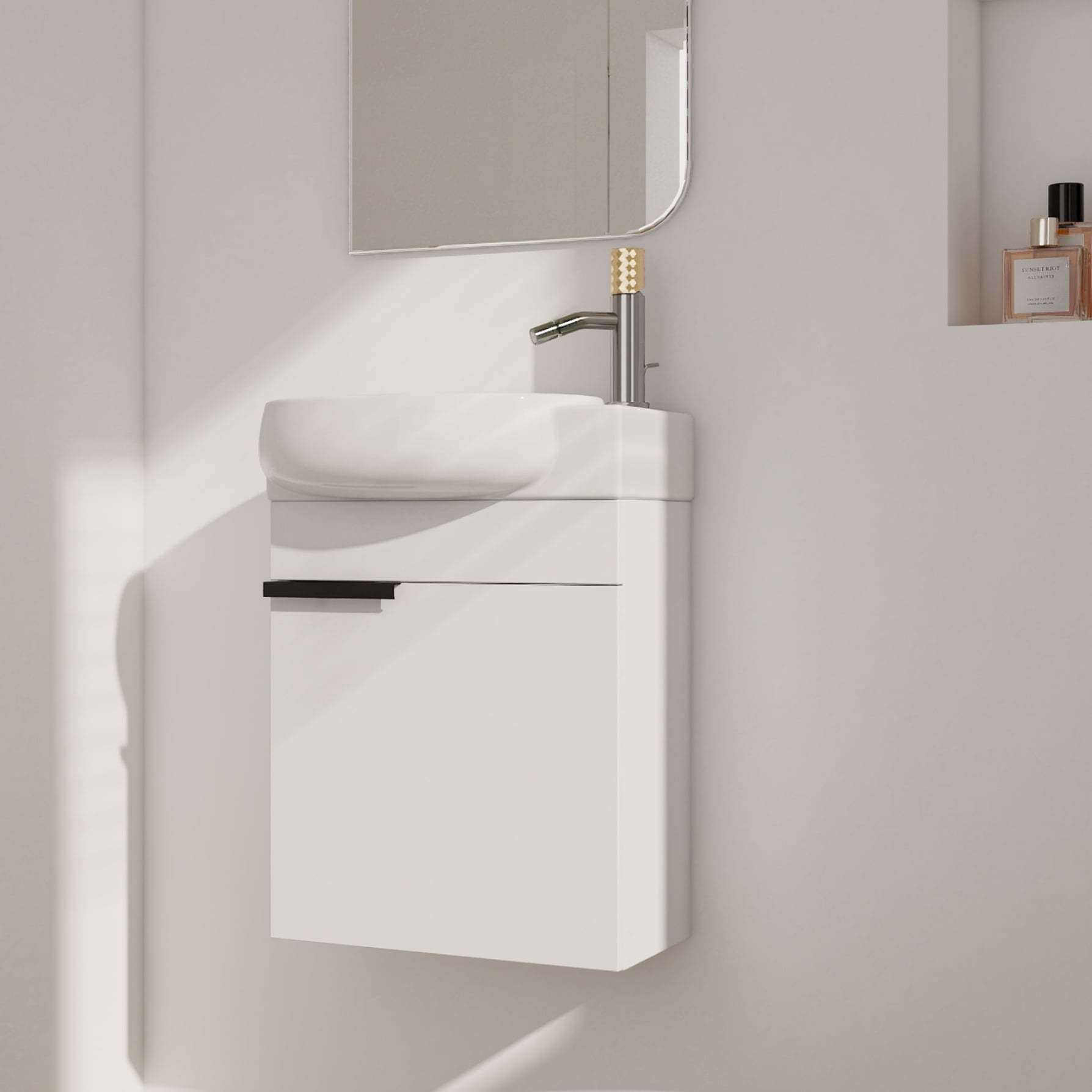 Aukfa 16" Wall Mounted Bathroom Vanity with Sink, Compact Floating Cabinet Vanity for Small Bathroom, Eco-Friendly Plywood Cabinet,White