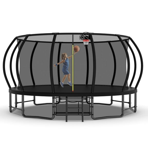 Aukfa 16FT Trampoline with Basketball Hoop for Kids Adults, Outdoor Pumpkin Trampoline with Enclosure for Backyard - Black