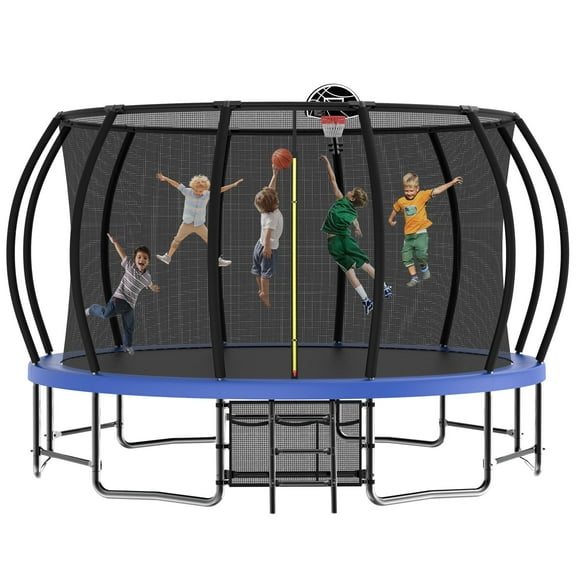 Aukfa 16FT Trampoline with Basketball Hoop for Kids Adults, Outdoor Pumpkin Trampoline with Enclosure for Backyard - Blue