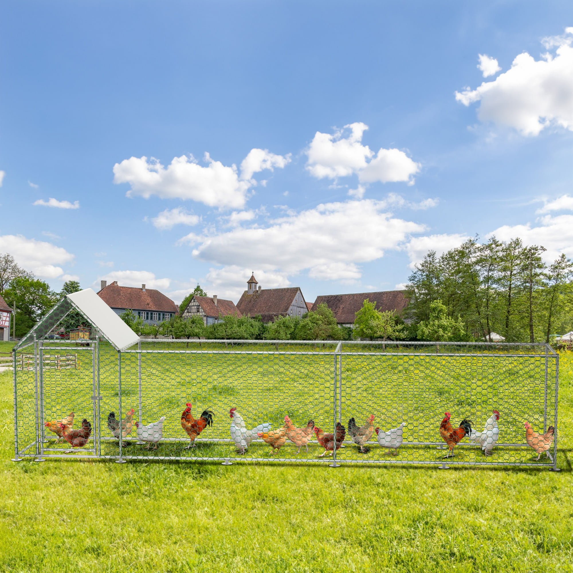 Aukfa 16x3FT Metal Chicken Coop with Run, Outdoor Backyard Hen House Poultry Habitat Cage w/Cover