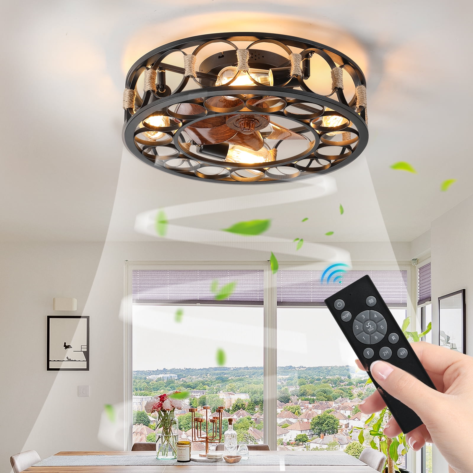 Aukfa 19.7" Retro Caged Fan with Light Remote Control, Flush Mount, Ceiling Fan, Includes 4 Bulbs, Warm Color Lights