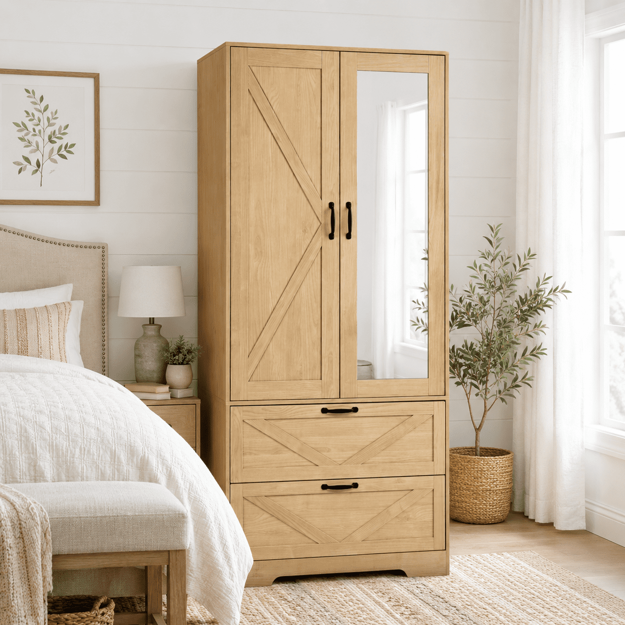 Aukfa 2-Door Wardrobe Armoire with Mirror & Built-In Induction Light, Bedroom Wood Closet with Hanging Rod & 2 Drawers,Natural