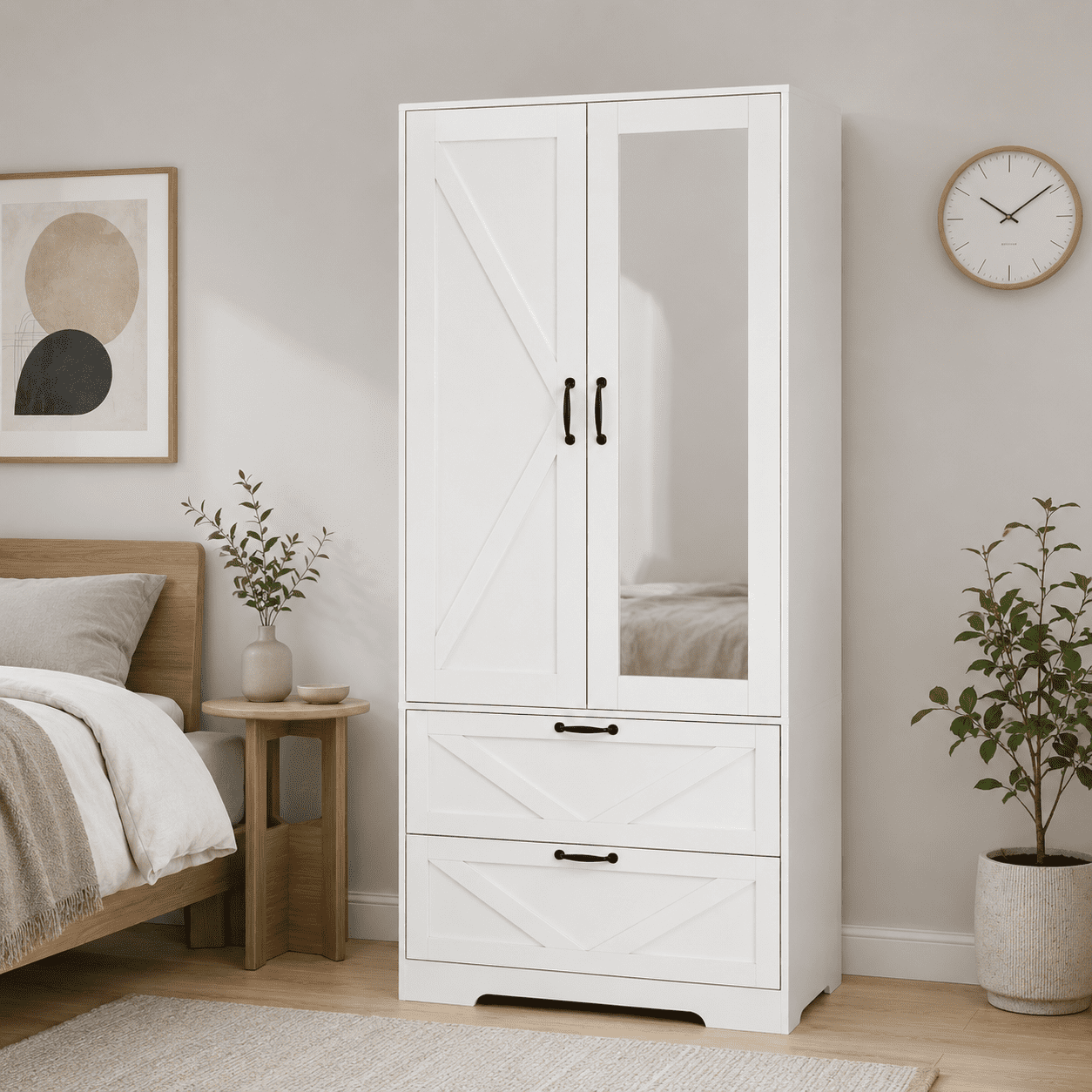 Aukfa 2-Door Wardrobe Armoire with Mirror & Built-In Induction Light, Bedroom Wood Closet with Hanging Rod & 2 Drawers,White