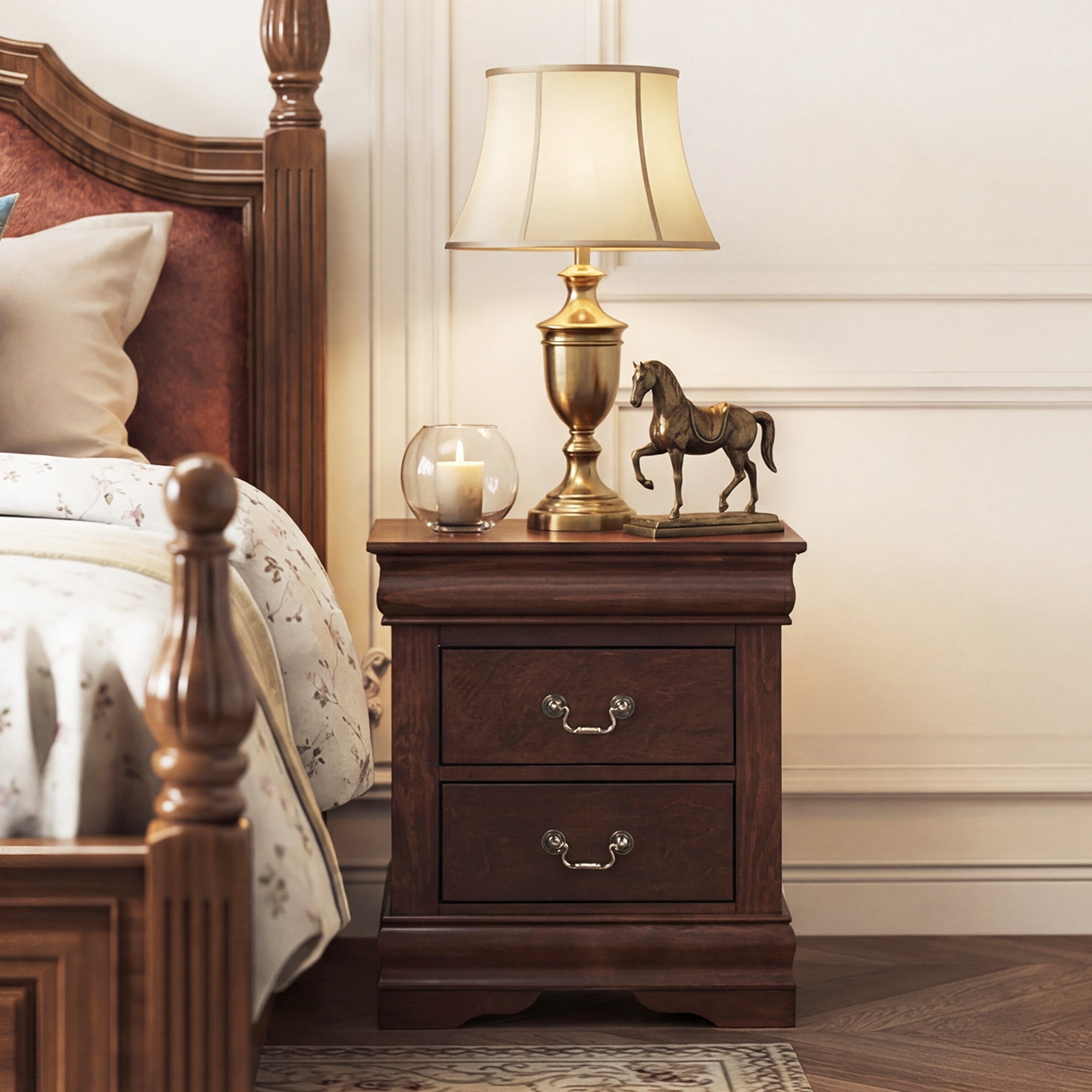 Aukfa 2-Drawer Nightstand, Farmhouse Wood Bedside Table for Bedroom/Living Room/Guest Room,Dark Cherry