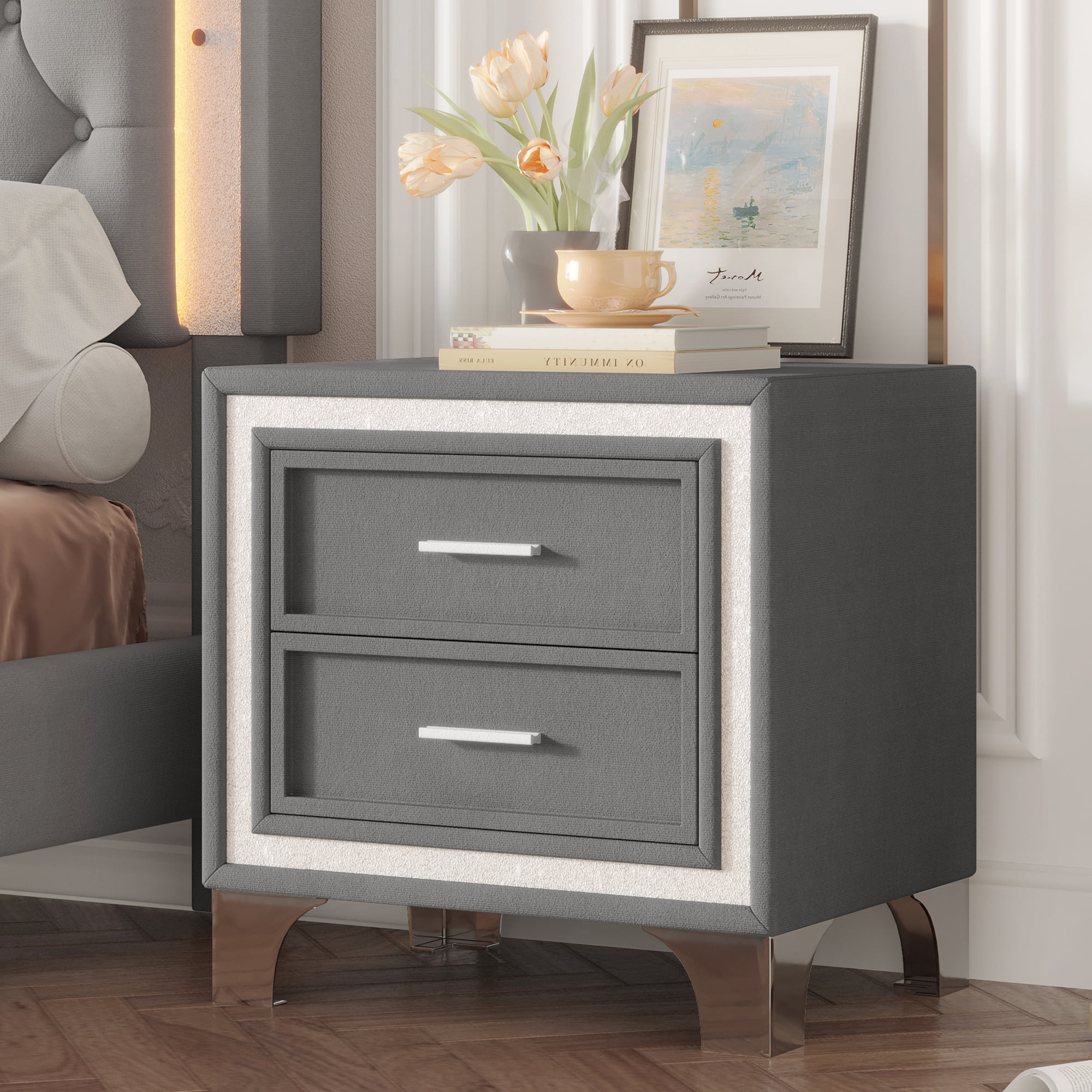 Aukfa 2-Drawer Nightstand, Modern Bedside Table for Bedroom/Living Room,Gray
