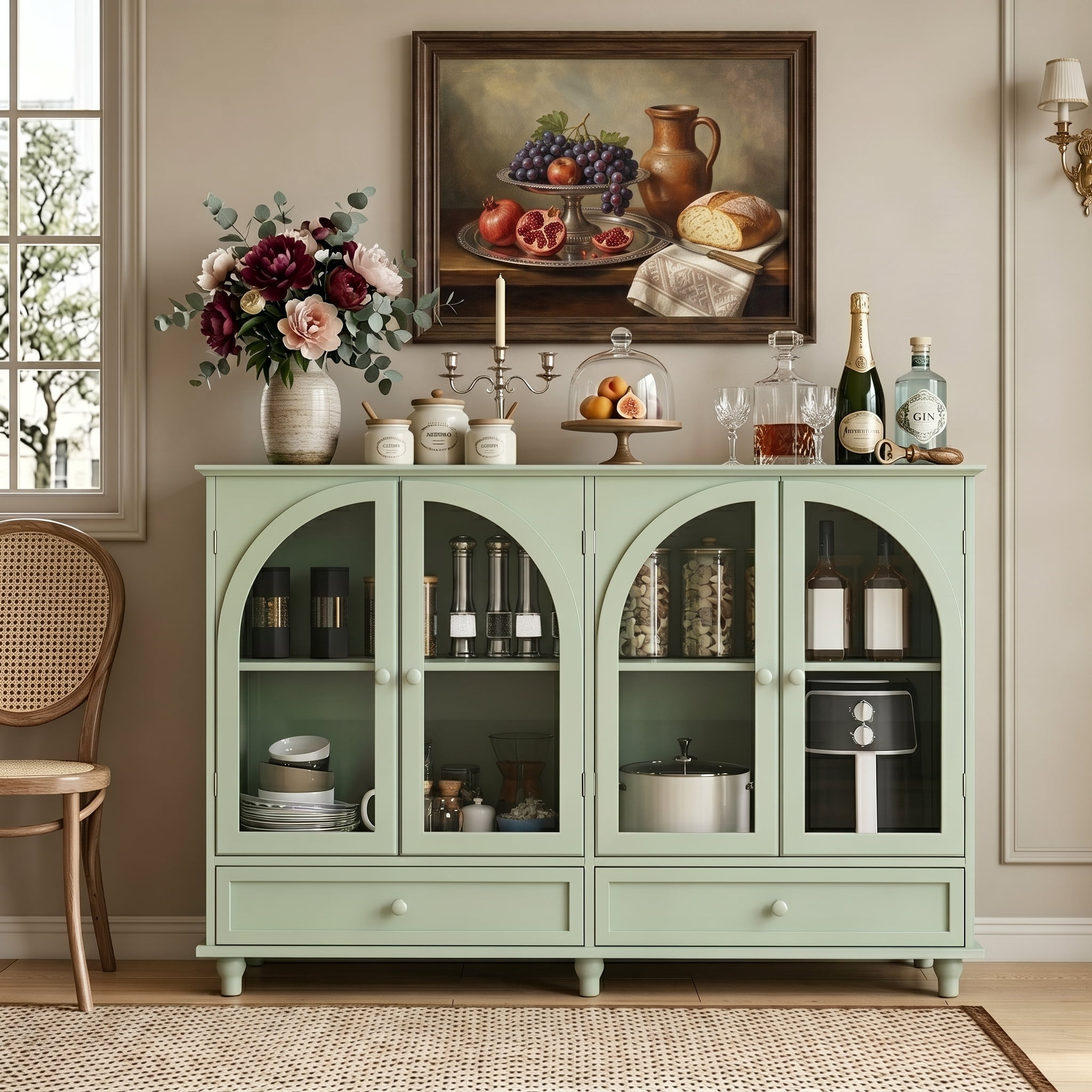 Aukfa 2 PCS Buffet Pantry Cabinet,Wood Sideboard Storage Cabinet for Dining Room Hallway Entryway,Green