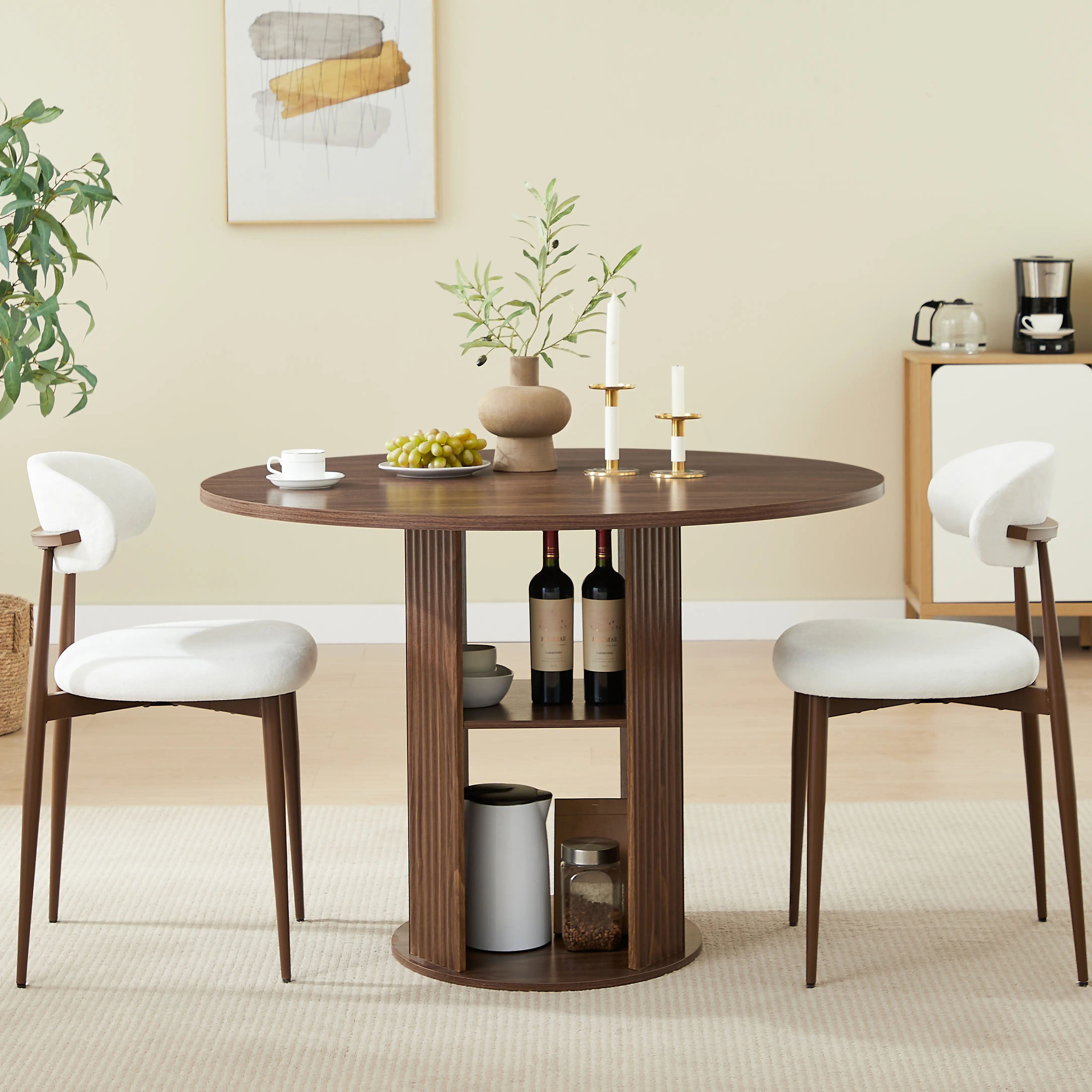 Aukfa 2 Pcs Round Dining Table Set with 2-Tier Storage Shelves, 2 Upholstered Chairs, Brown