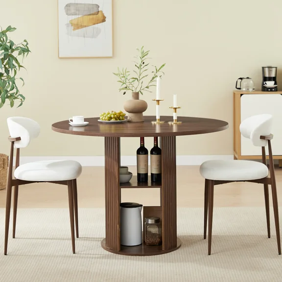 Aukfa 2 Pcs Round Dining Table Set with 2-Tier Storage Shelves, 2 Upholstered Chairs, Brown