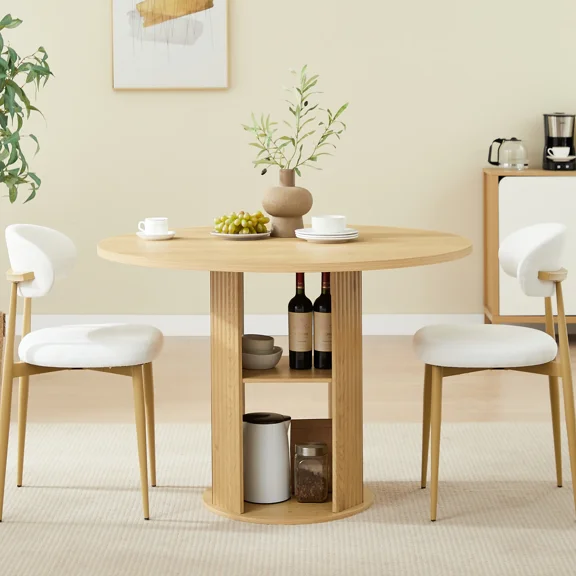 Aukfa 2 Pcs Round Dining Table Set with 2-Tier Storage Shelves, 2 Upholstered Chairs, Natural