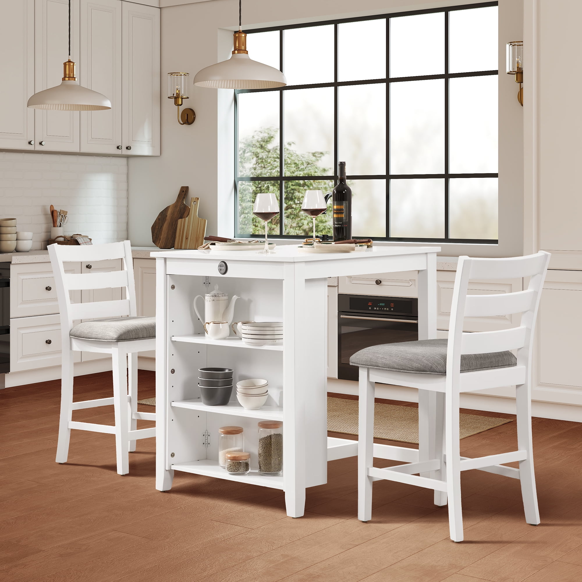 Aukfa 2 - Person Solid Wood Top Dining Table Set with Charging Station & 3-Tier Shelves, 36"L Dining Table with 2 Upholstered Chairs for Compact Kitchen, White