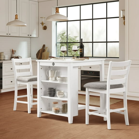 Aukfa 2 - Person Solid Wood Top Dining Table Set with Charging Station & 3-Tier Shelves, 36"L Dining Table with 2 Upholstered Chairs for Compact Kitchen, White