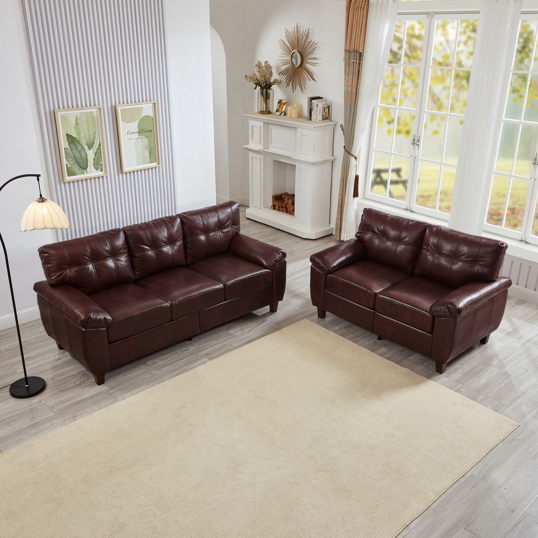Aukfa 2-Piece PU Leather Sofa Set, Vintage 3-Seater Couch and Loveseat with Storage Space, Upholstered Living Room Furniture Set, Burgundy