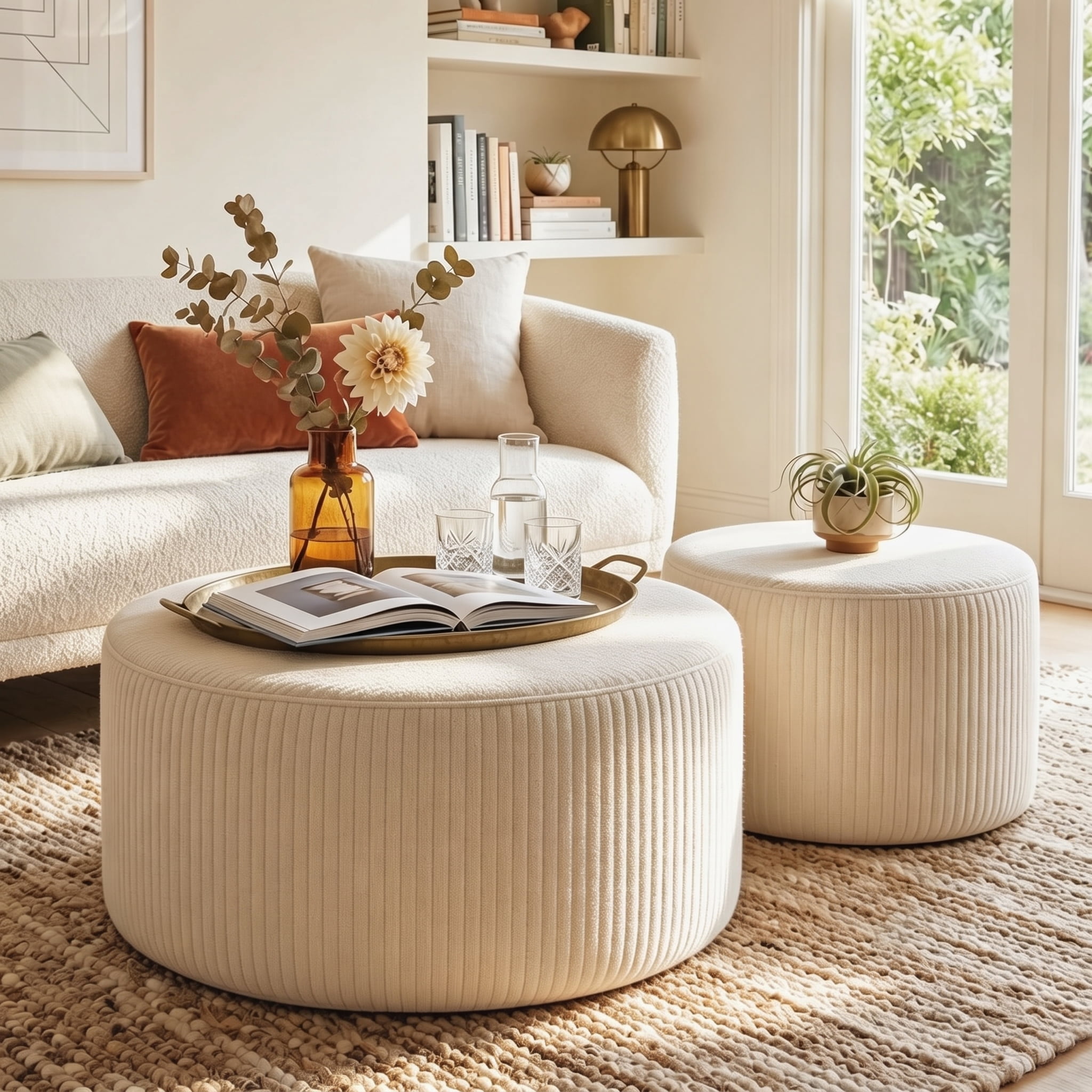 Aukfa 2-Piece Round Ottoman Set, Upholstered Coffee Table & Nesting Footrest Stools for Living Room, Bedroom, Beige