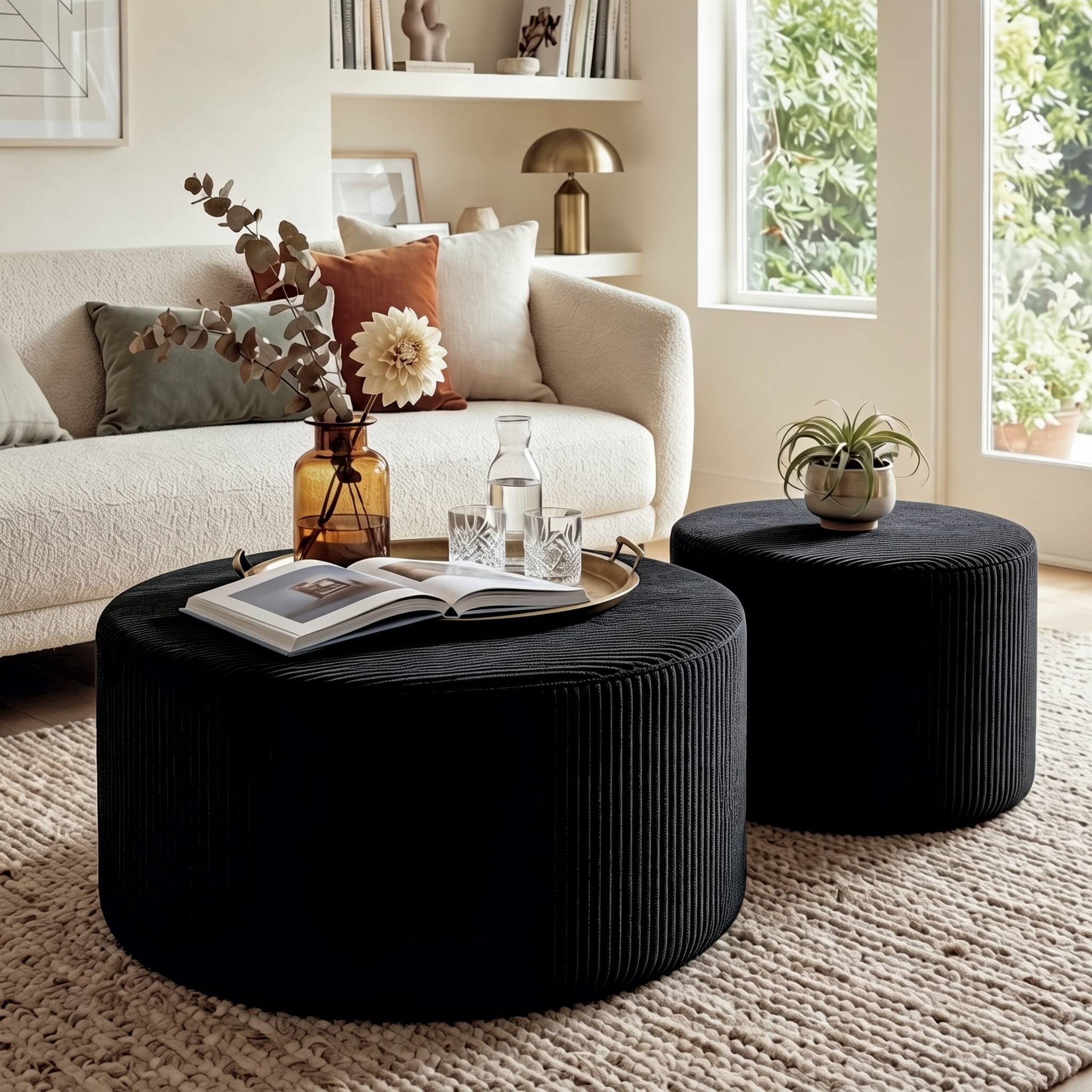 Aukfa 2-Piece Round Ottoman Set, Upholstered Coffee Table & Nesting Footrest Stools for Living Room, Bedroom, Black