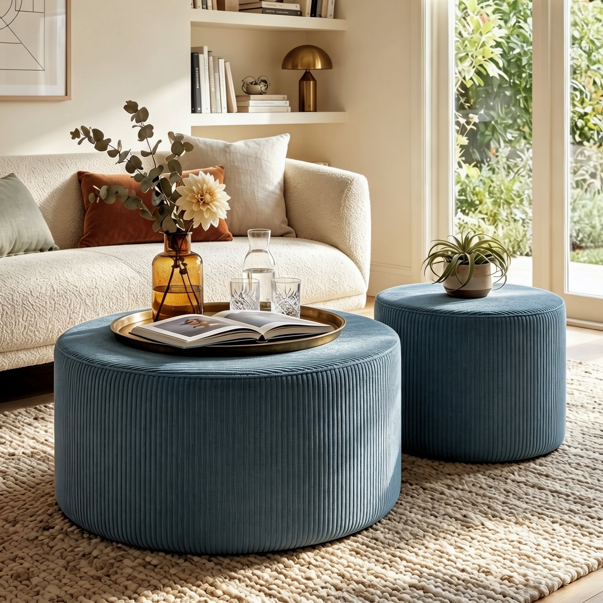 Aukfa 2-Piece Round Ottoman Set, Upholstered Coffee Table & Nesting Footrest Stools for Living Room, Bedroom, Blue