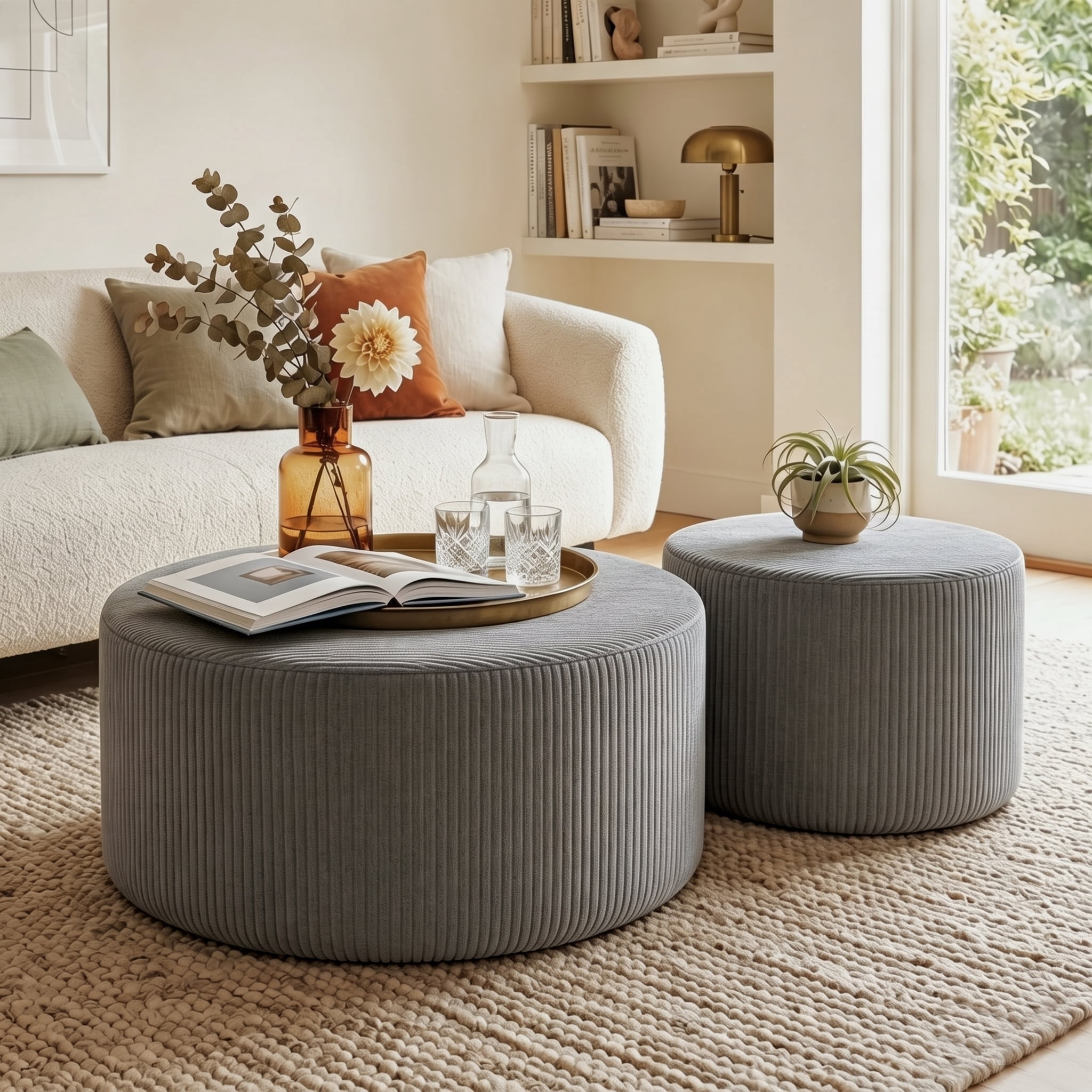 Aukfa 2-Piece Round Ottoman Set, Upholstered Coffee Table & Nesting Footrest Stools for Living Room, Bedroom, Gray