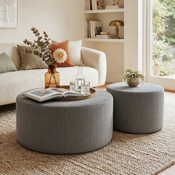 Aukfa 2-Piece Round Ottoman Set, Upholstered Coffee Table & Nesting Footrest Stools for Living Room, Bedroom, Gray